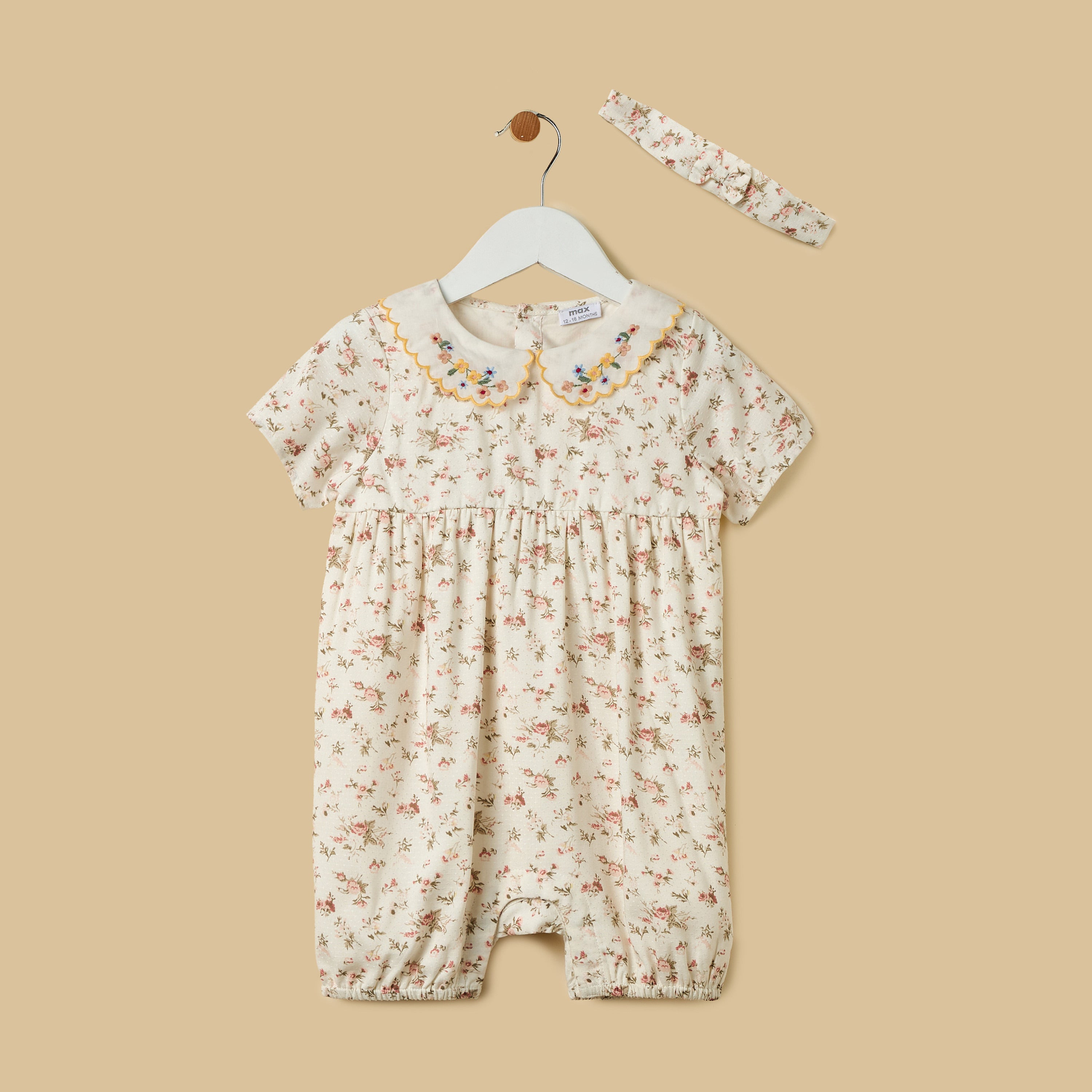 Floral Print Linen Blend Romper with Headband