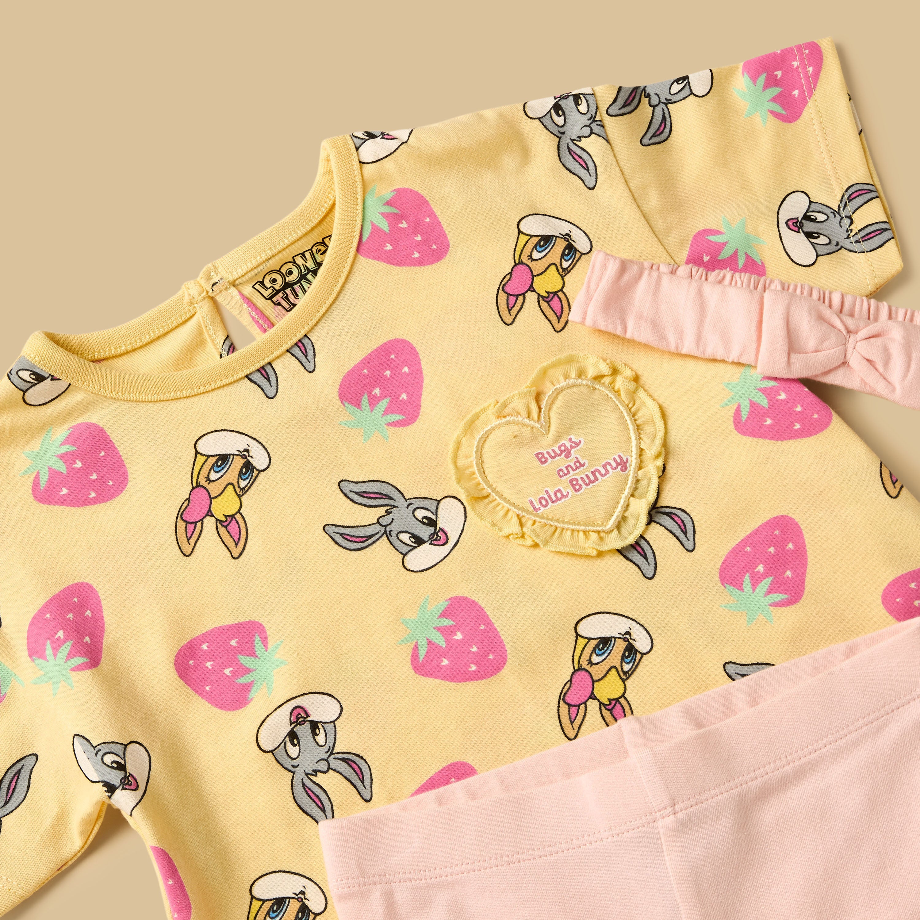 Looney Tunes Print Cotton T-shirt with Shorts and Headband