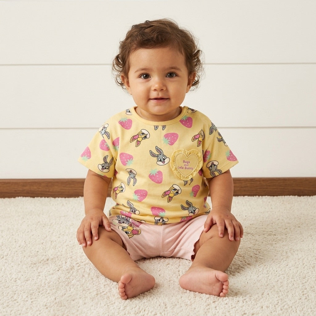 Looney Tunes Print Cotton T-shirt with Shorts and Headband - Multicolour / 12-18 mths