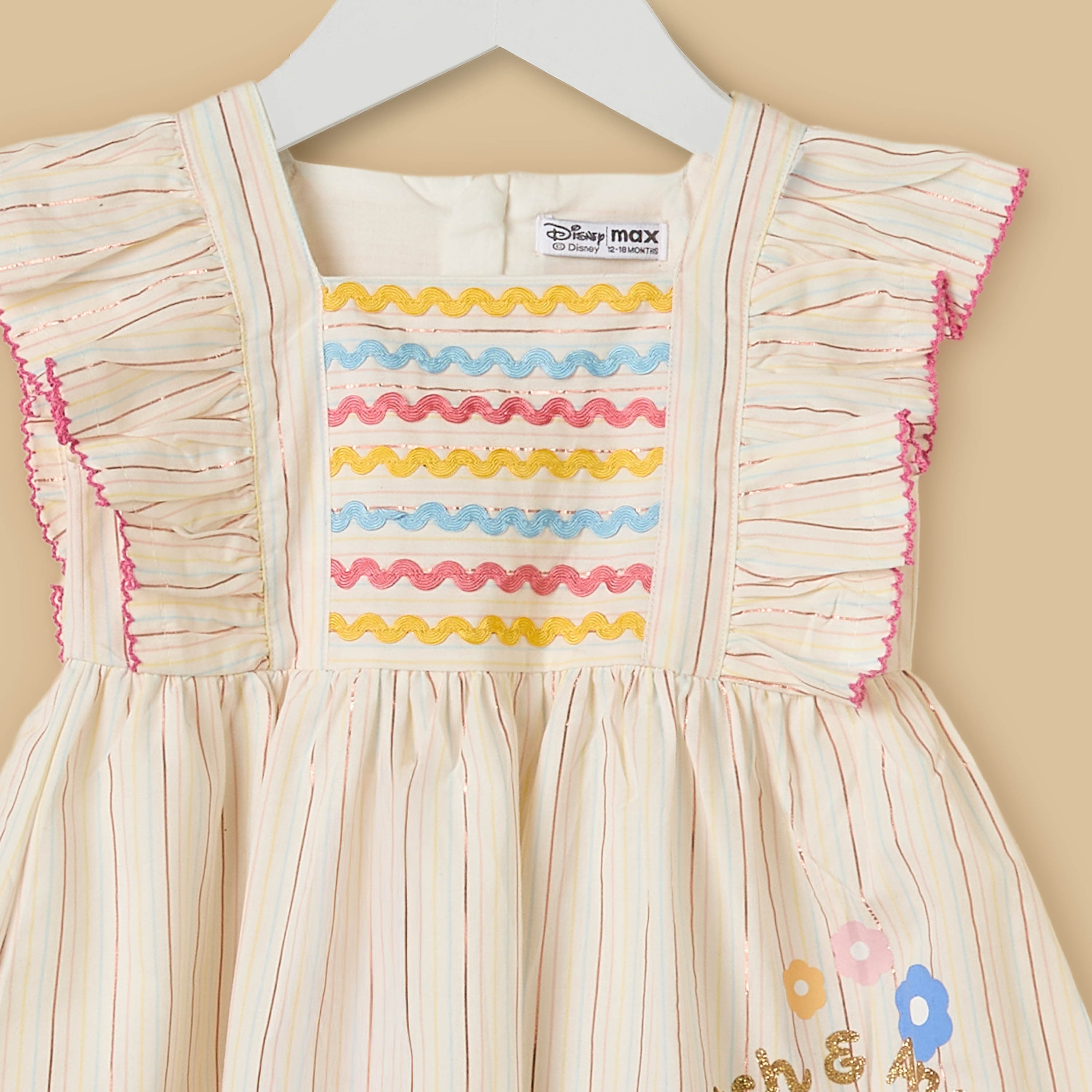 Angel and Stitch Print Striped Ruffle Sleeves Dress