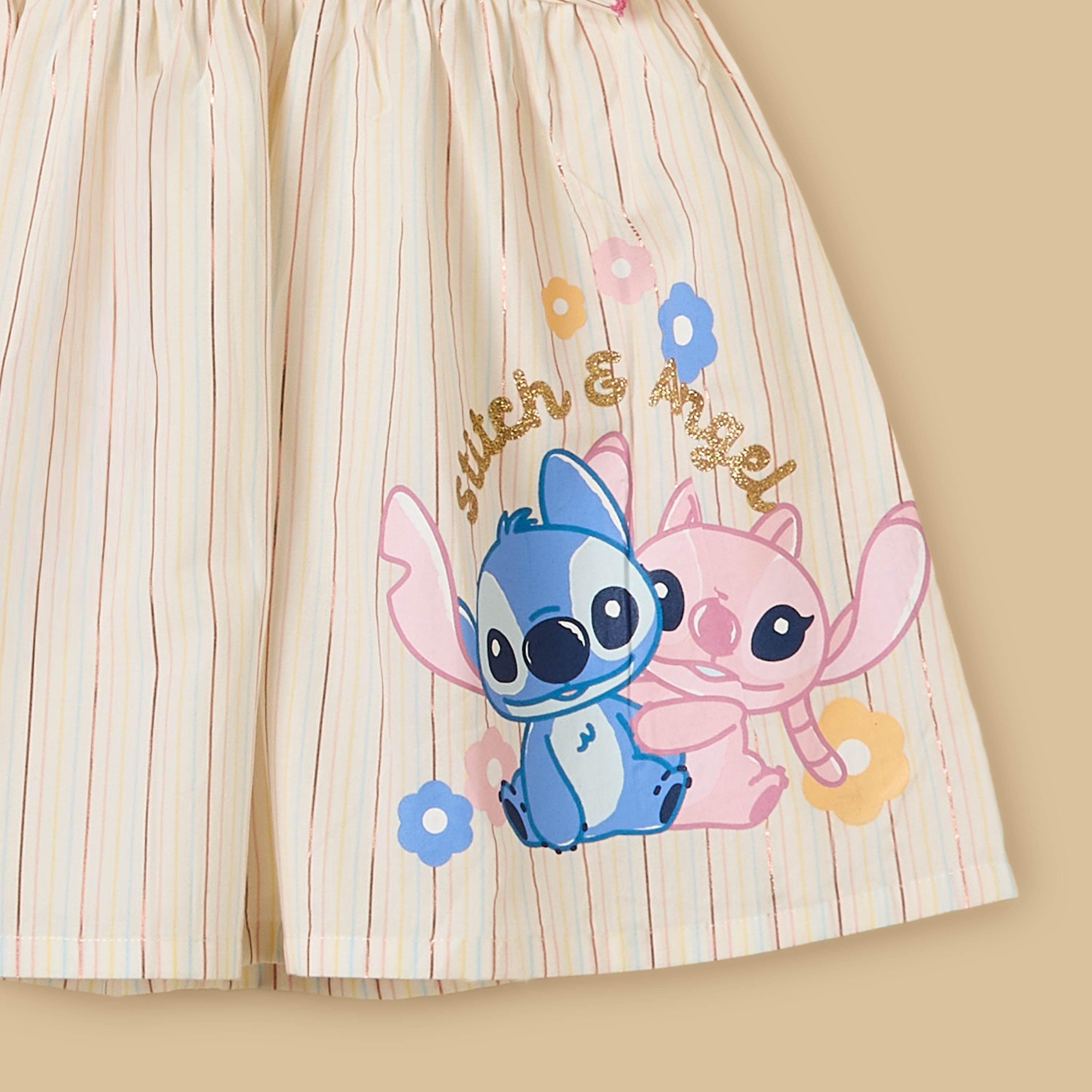 Angel and Stitch Print Striped Ruffle Sleeves Dress