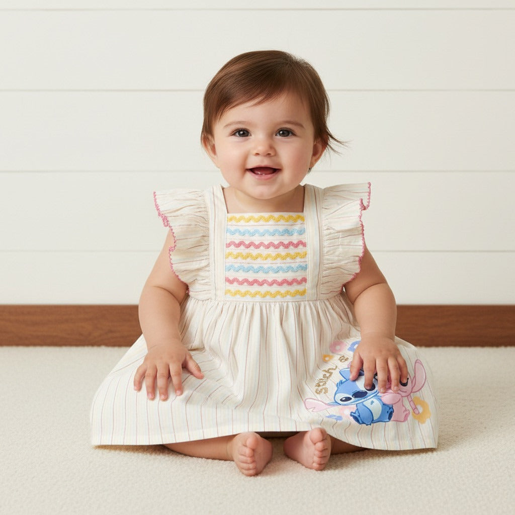 Angel and Stitch Print Striped Ruffle Sleeves Dress - White / 12-18 mths