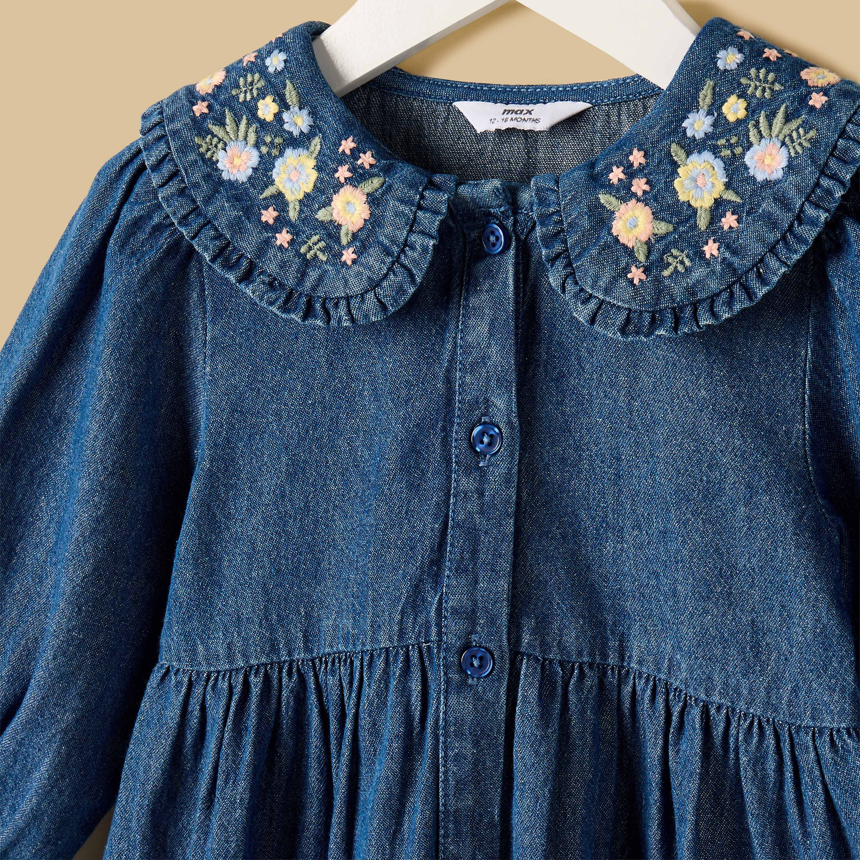 Embroidered Tiered Denim Dress