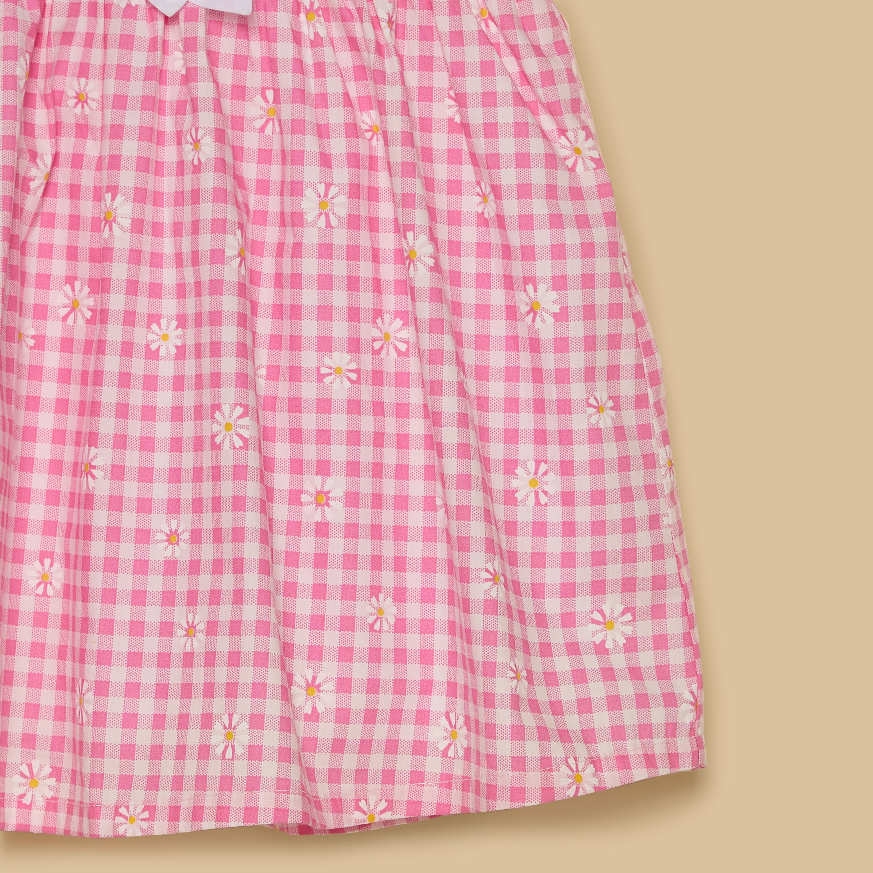 Checked Cotton A-line Dress with Bow