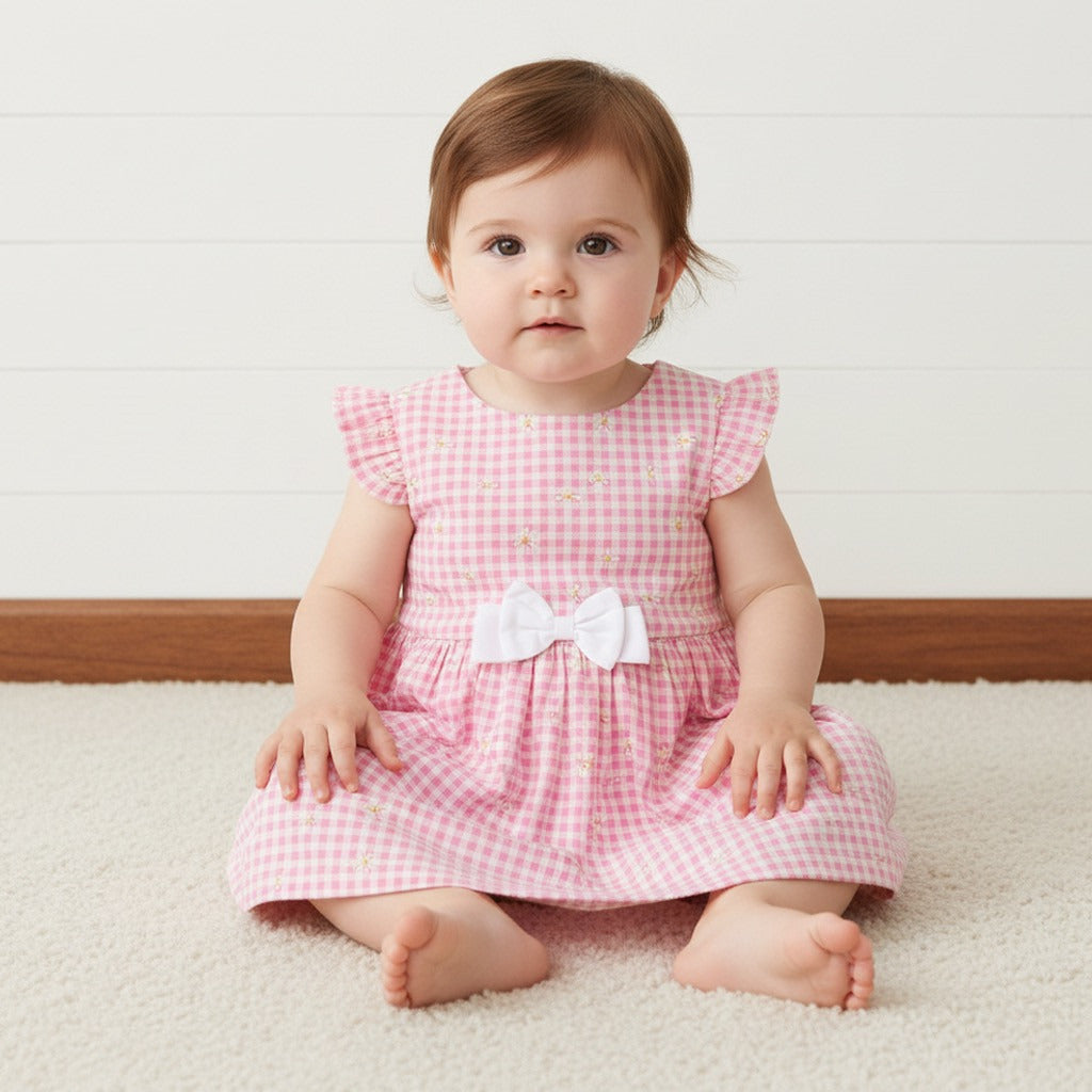 Checked Cotton A-line Dress with Bow - Pink / 12-18 mths