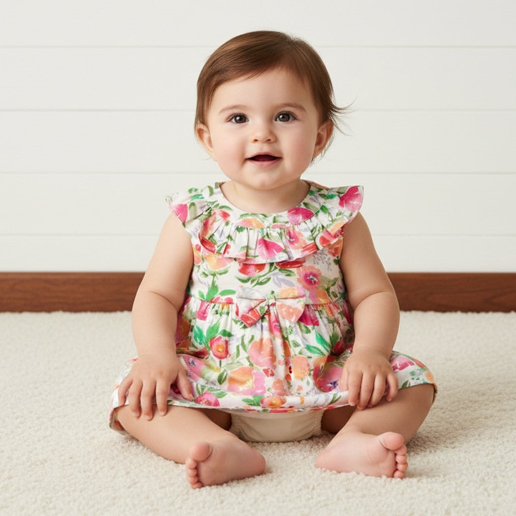 Floral Print Sleeveless Cotton Dress with Bloomers
