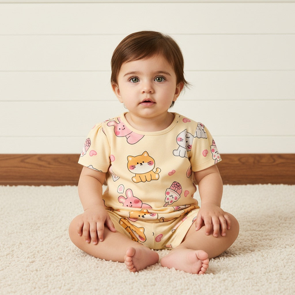 Cat Print Cotton Shorts Set