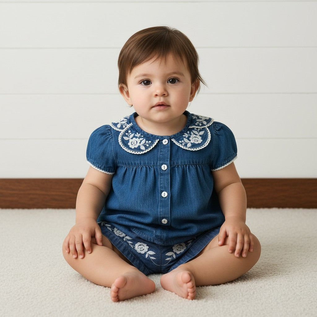 Floral Embroidered Denim Shirt and Shorts Set - Blue / 12-18 mths
