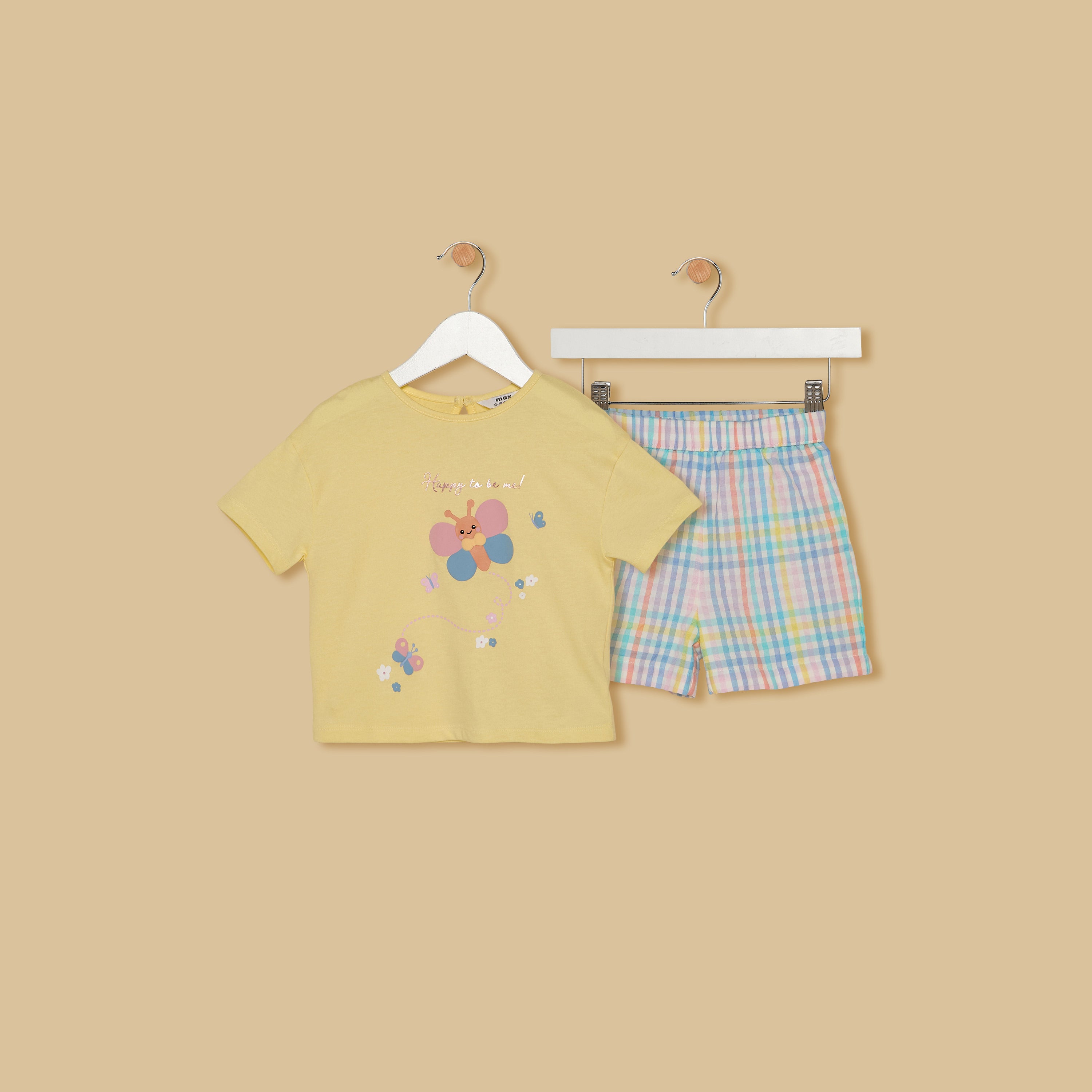 Butterfly Print T-shirt with Checked Shorts