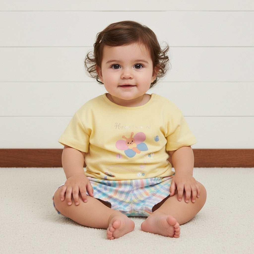 Butterfly Print T-shirt with Checked Shorts