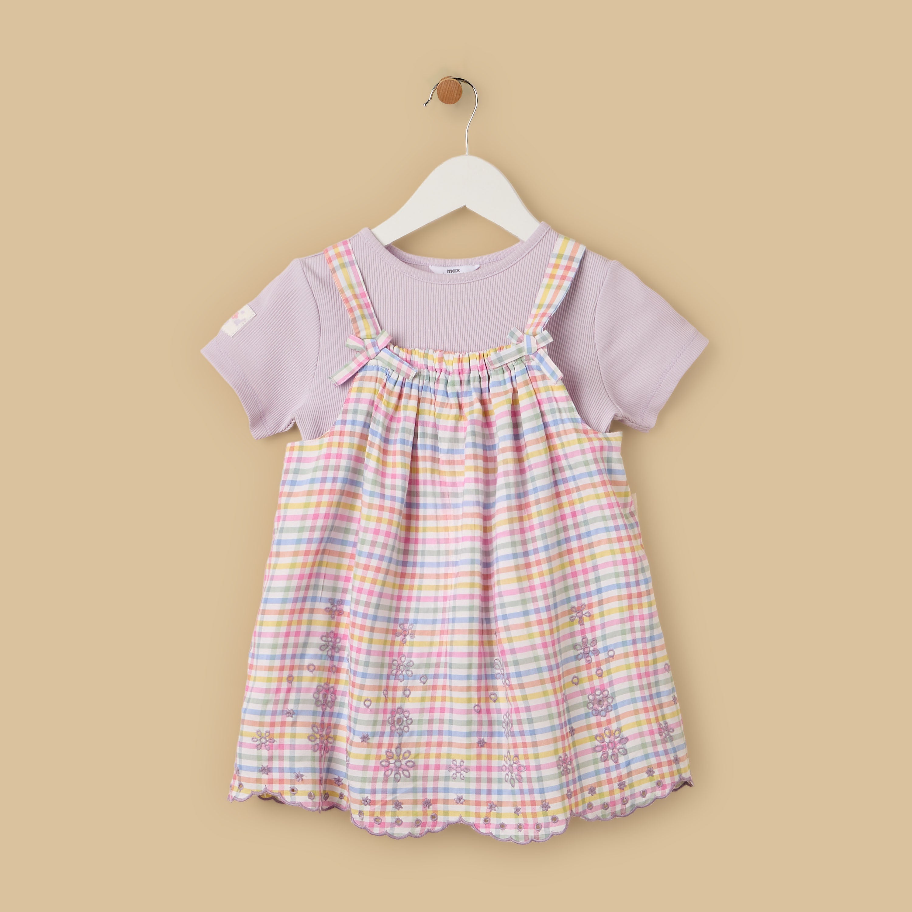 Checked Pinafore and Ribbed T-shirt Set