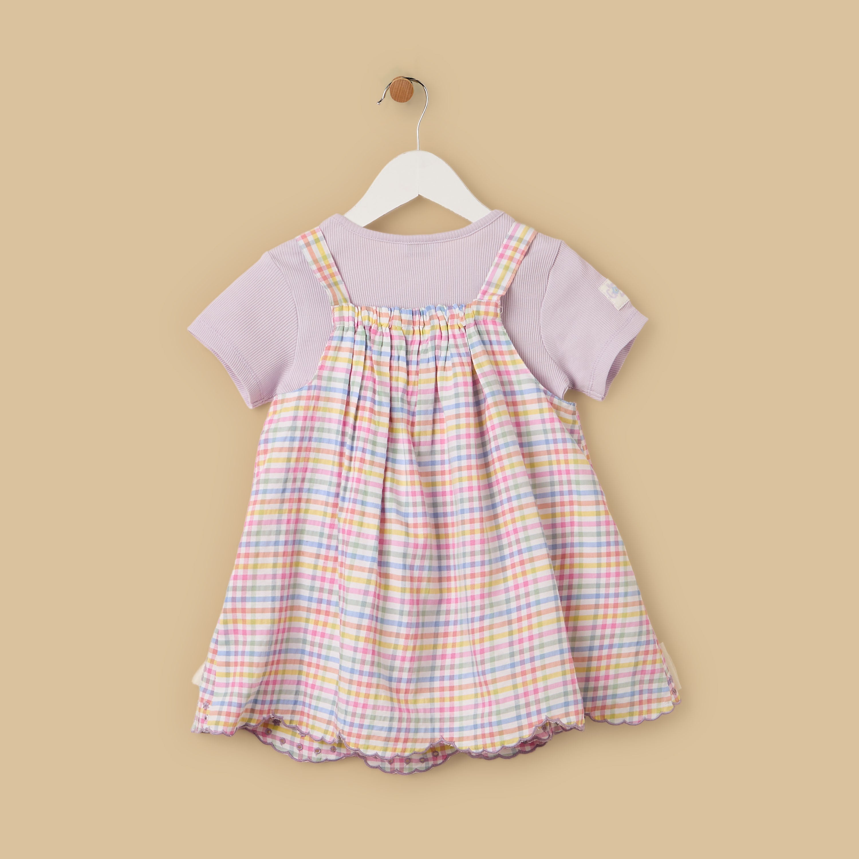 Checked Pinafore and Ribbed T-shirt Set