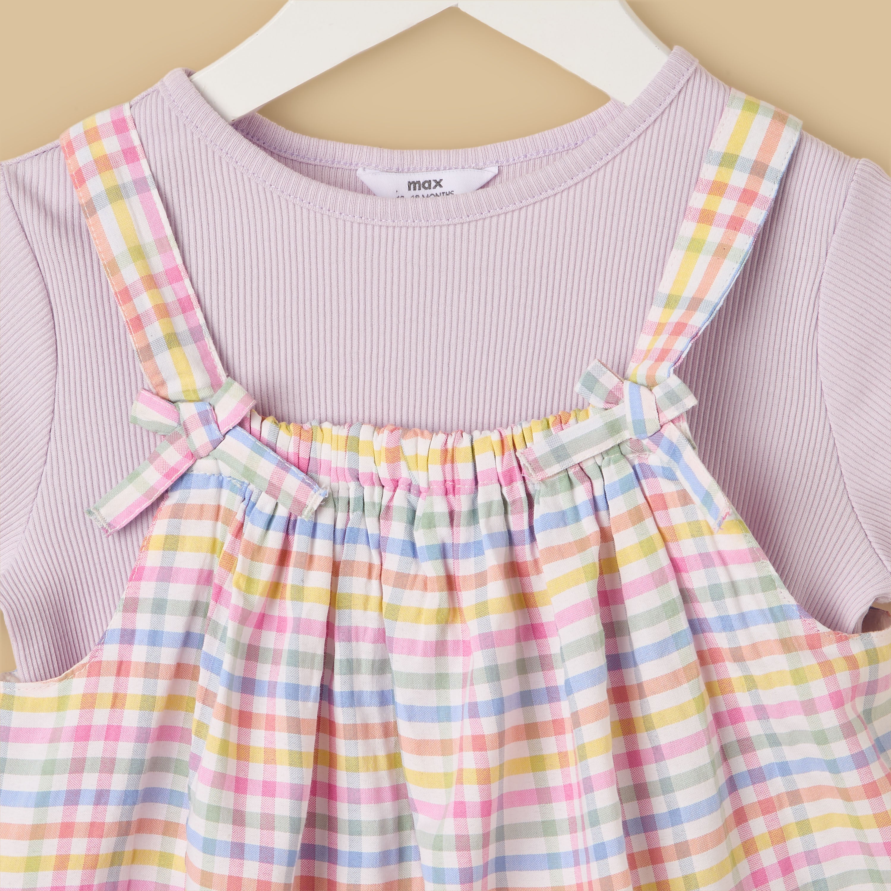 Checked Pinafore and Ribbed T-shirt Set