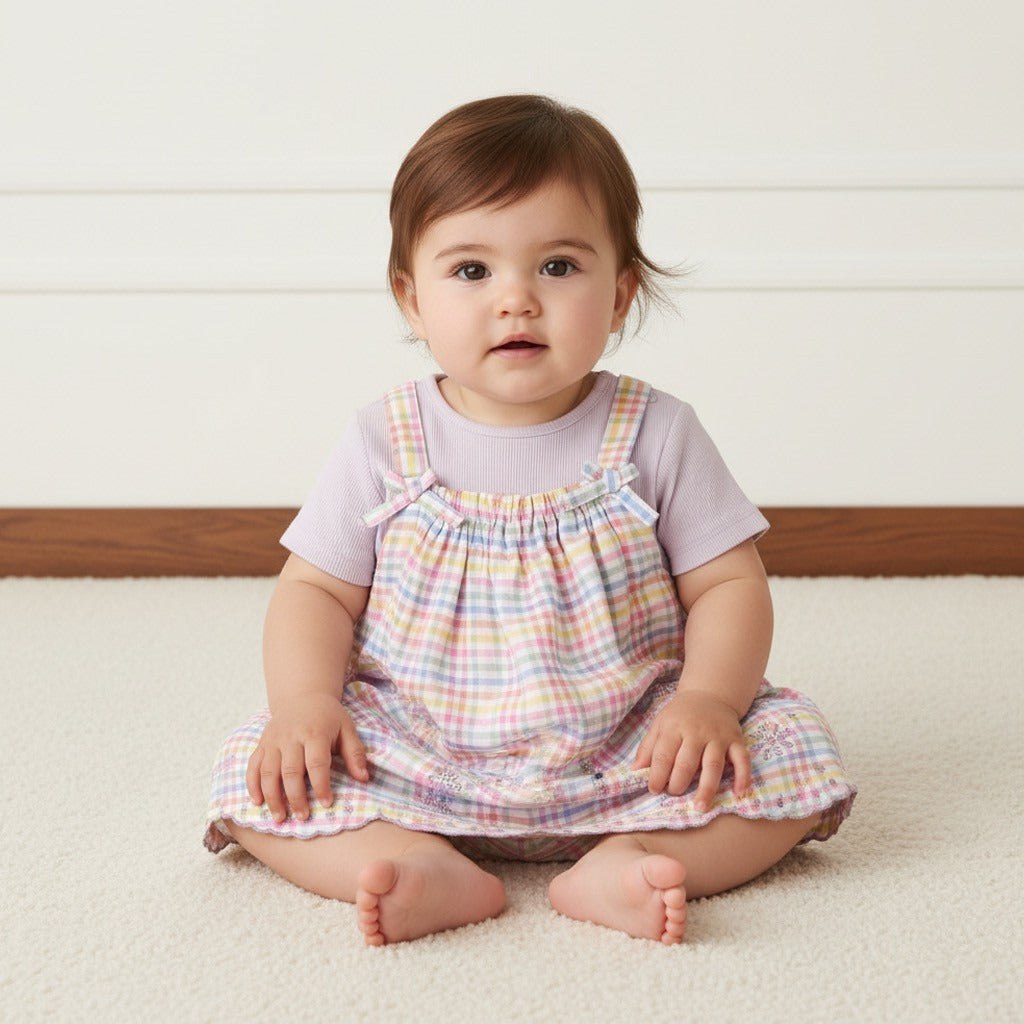 Checked Pinafore and Ribbed T-shirt Set