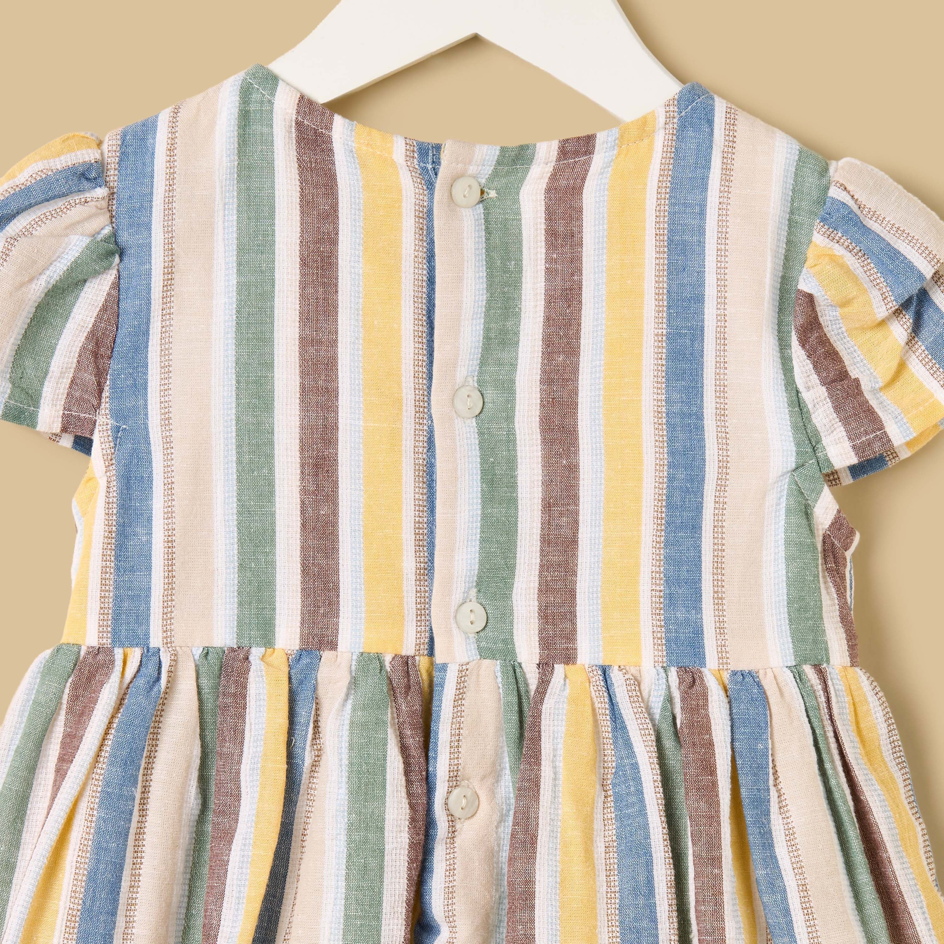 Striped Cotton Dress with Denim Jacket and Bloomers