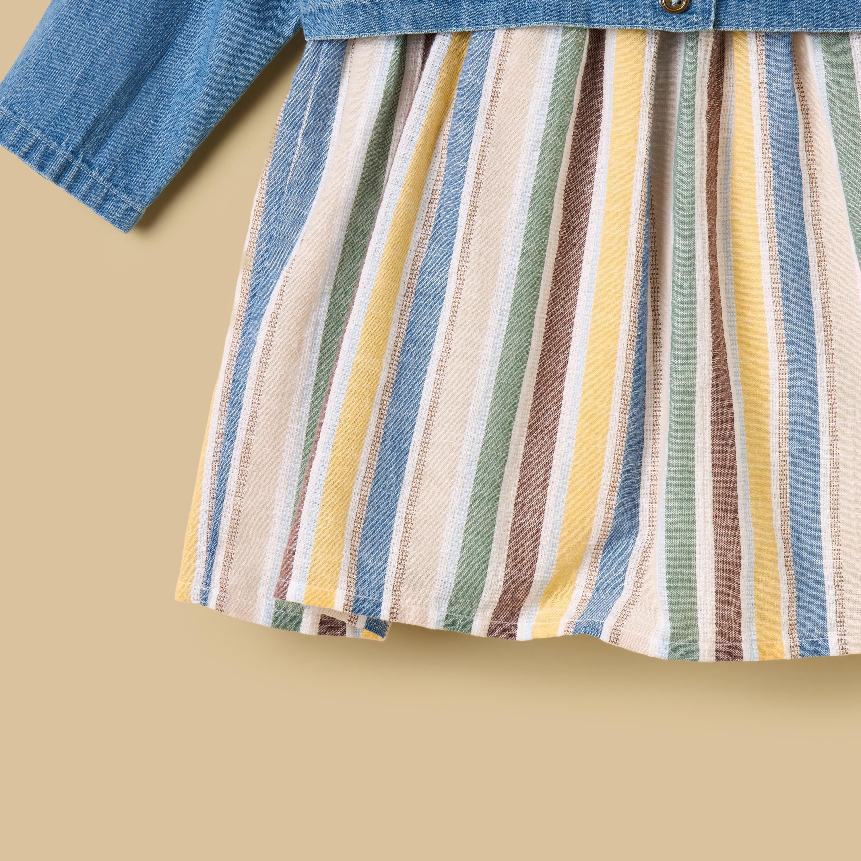 Striped Cotton Dress with Denim Jacket and Bloomers