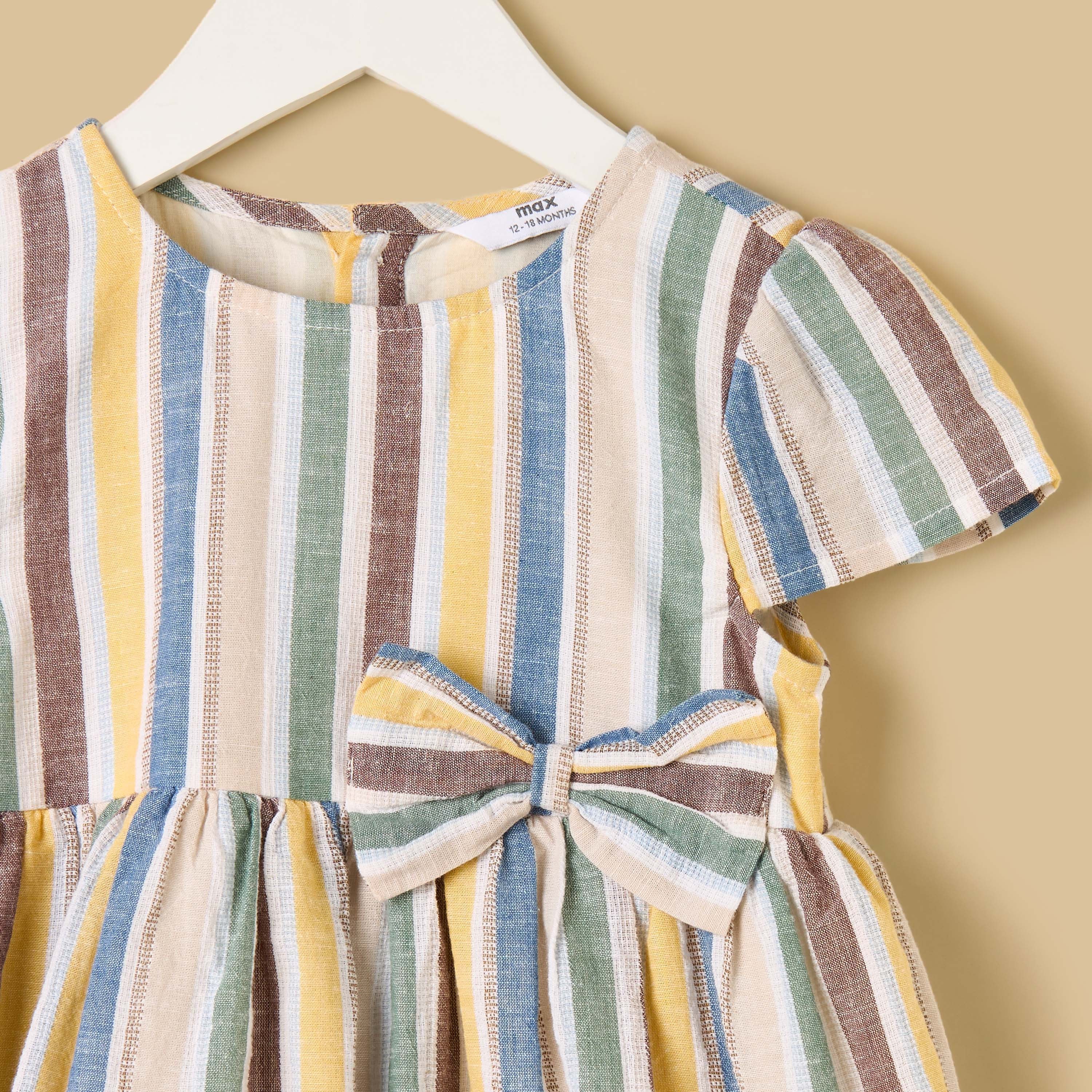 Striped Cotton Dress with Denim Jacket and Bloomers