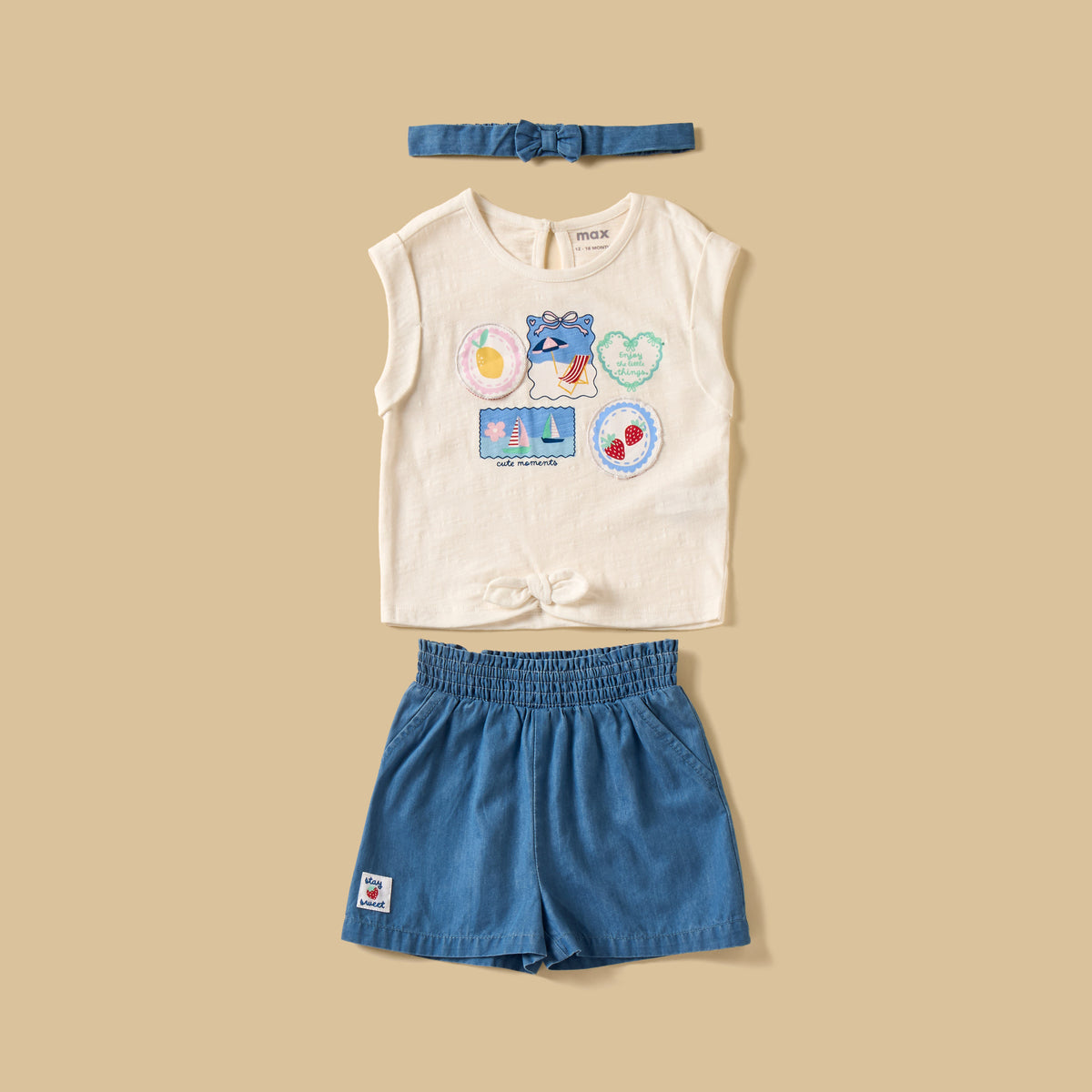 Printed Sleeveless Top with Denim Shorts and Headband