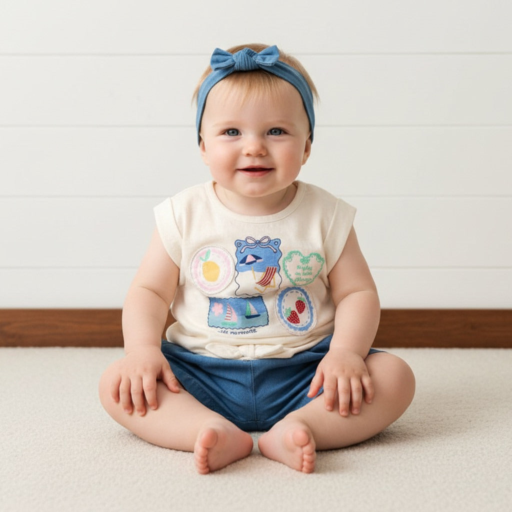 Printed Sleeveless Top with Denim Shorts and Headband