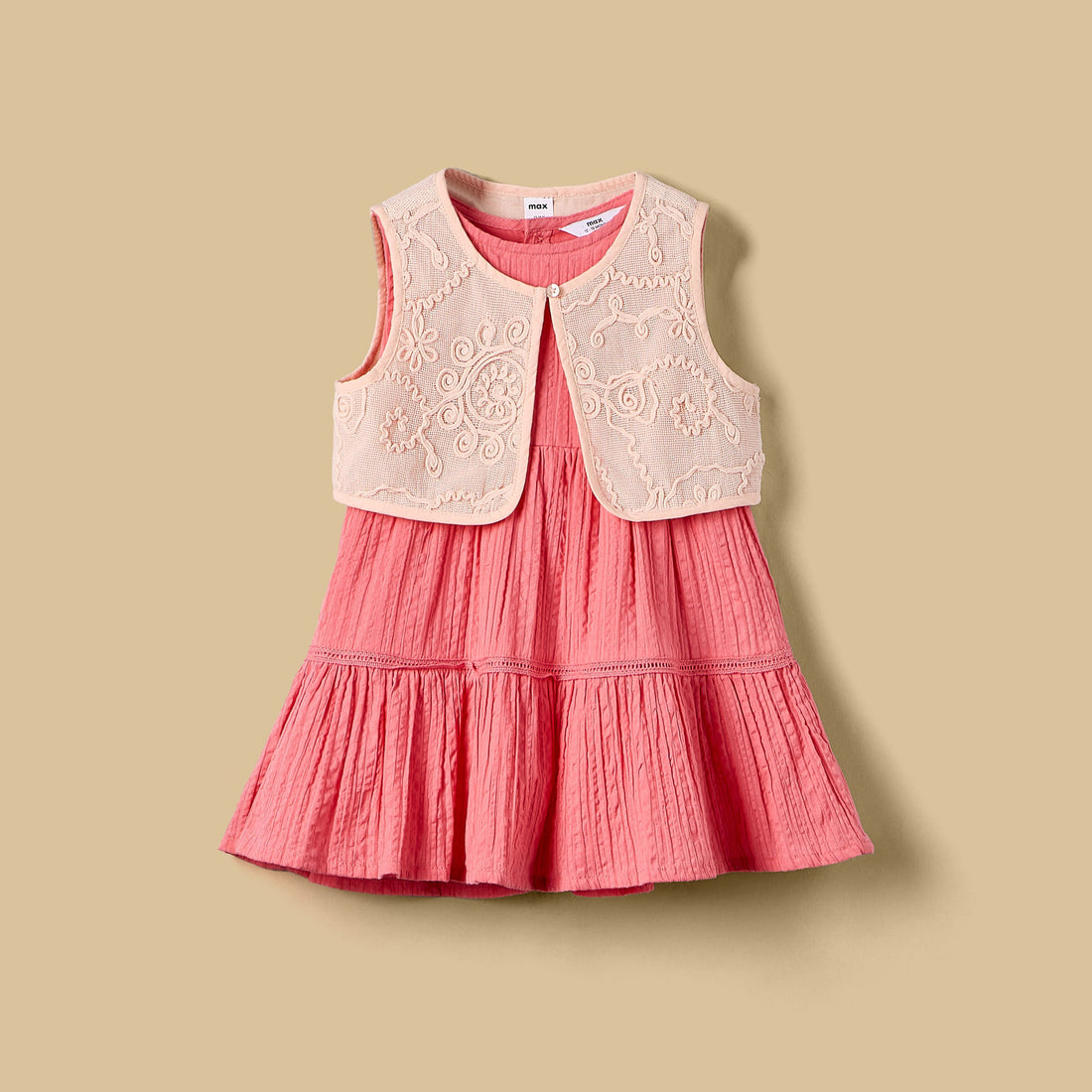Textured Sleeveless Tiered Dress with Shrug