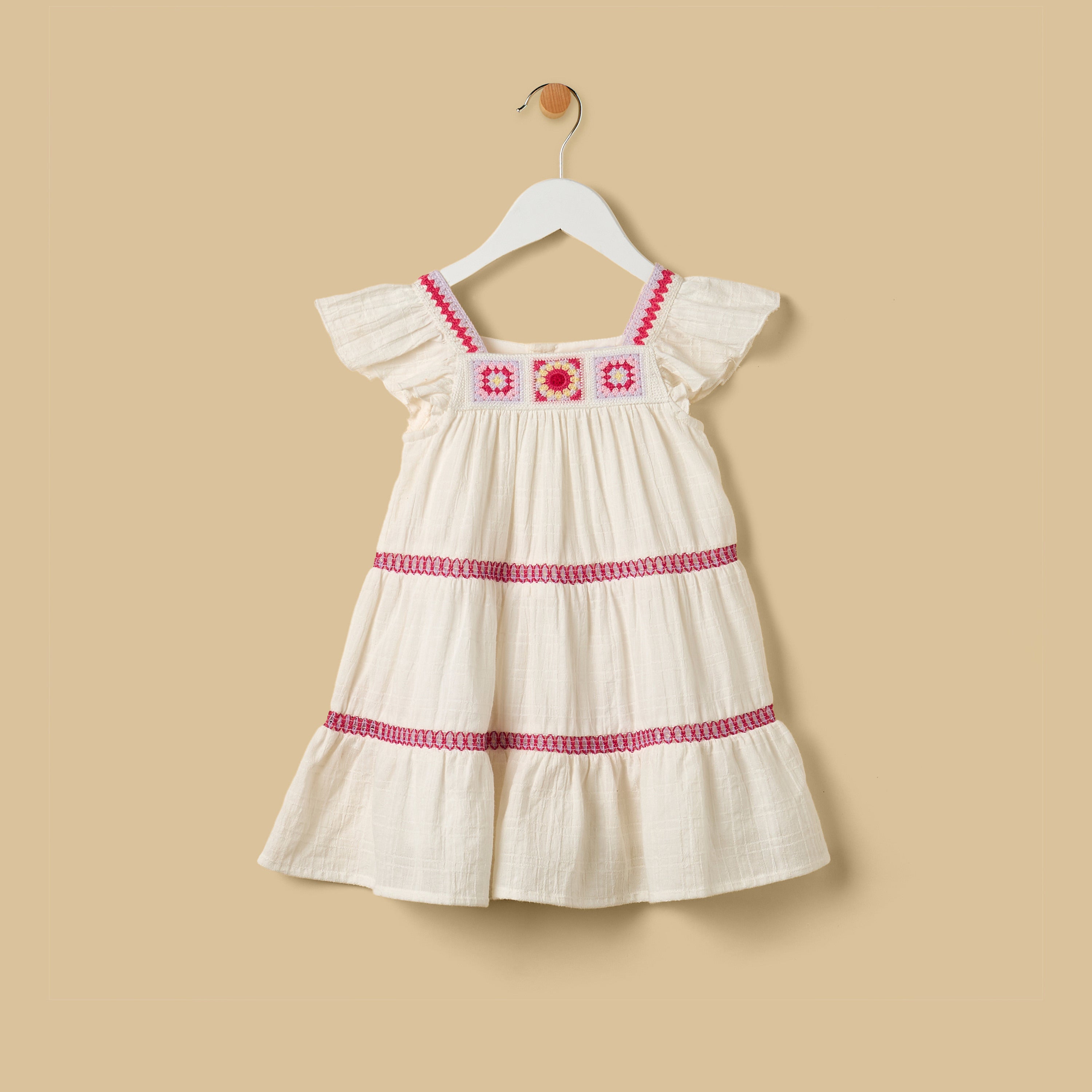 Crochet Yoke Tiered Double Gauze Dress