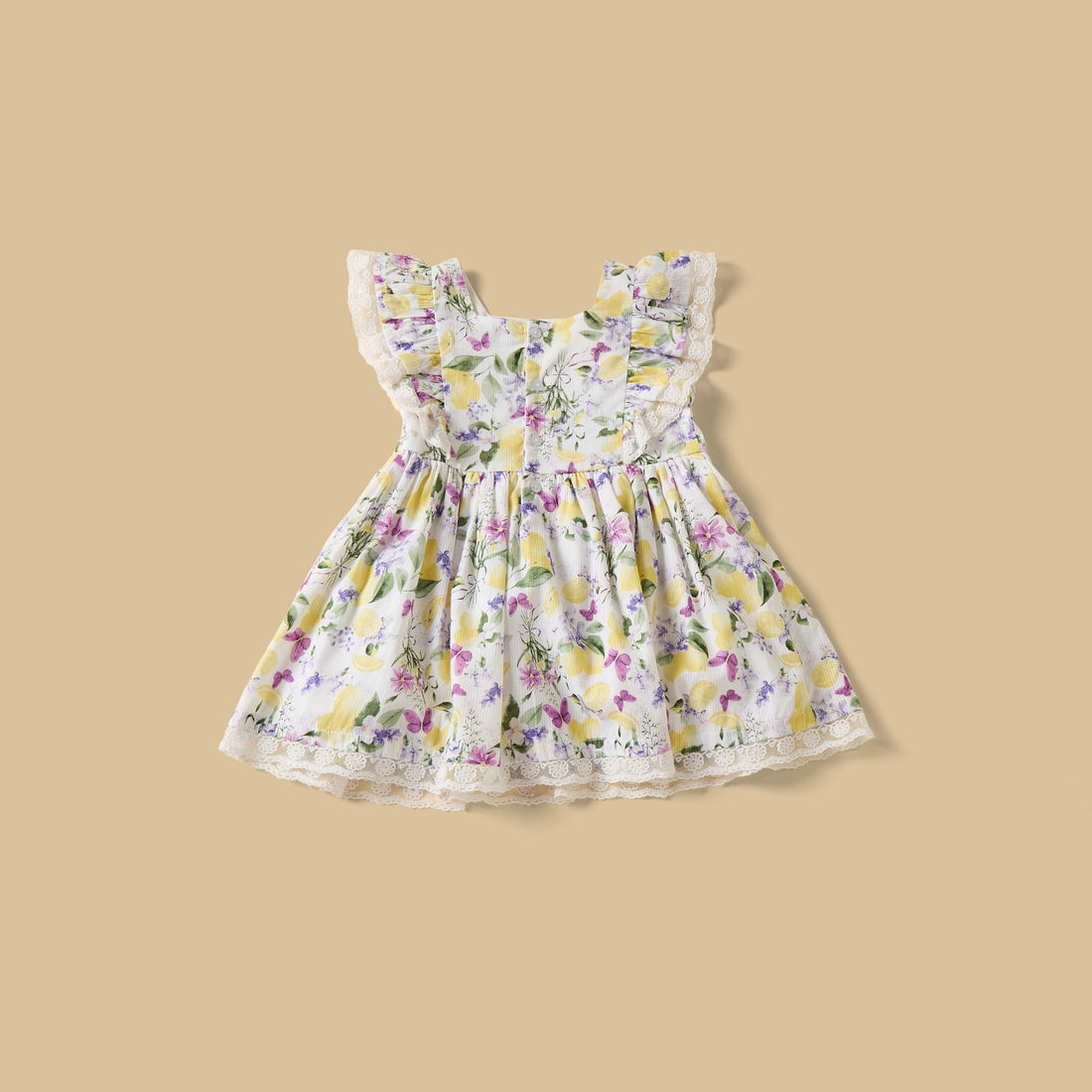 Lemon Print Sleeveless Dress with Bloomers and Cap