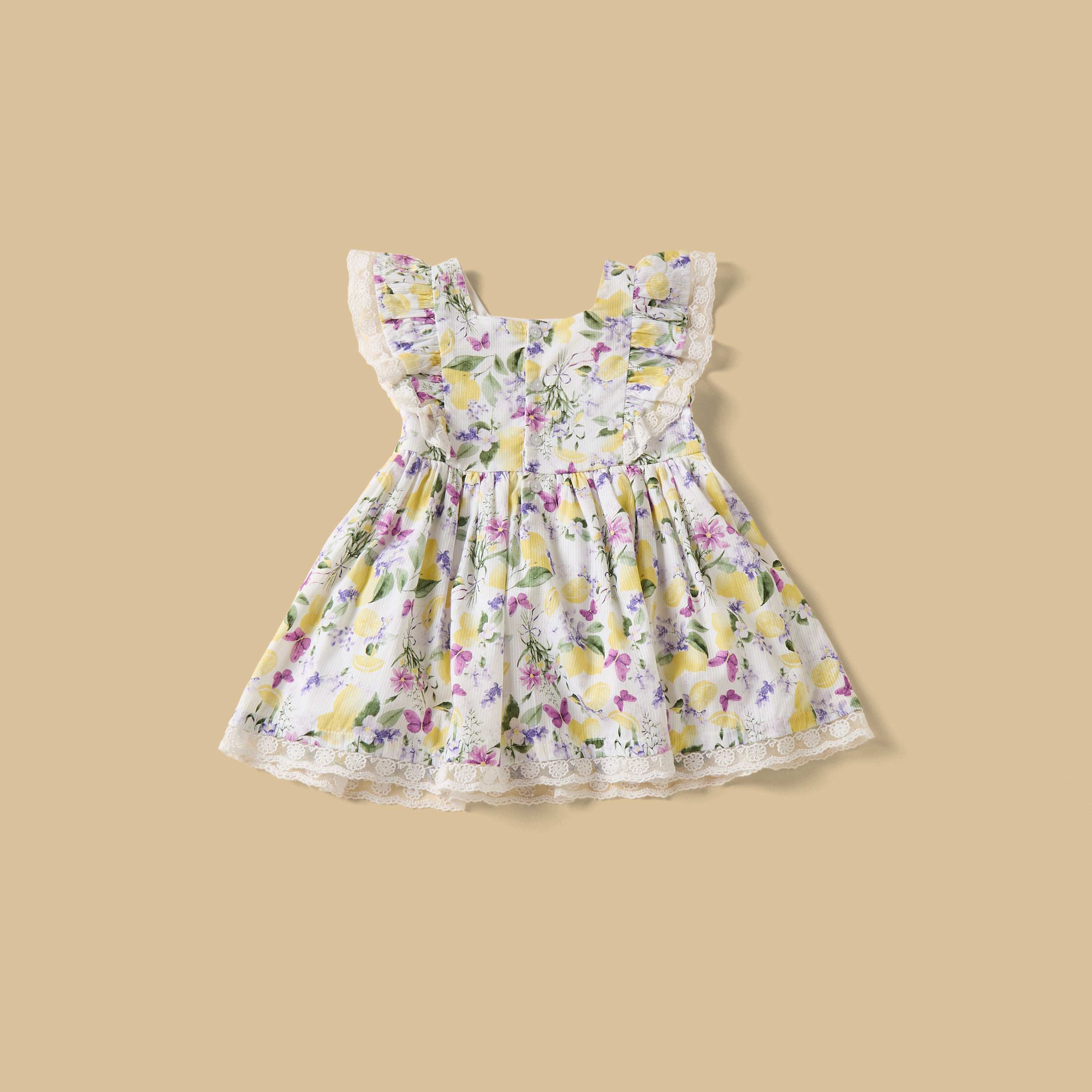 Lemon Print Sleeveless Dress with Bloomers and Cap