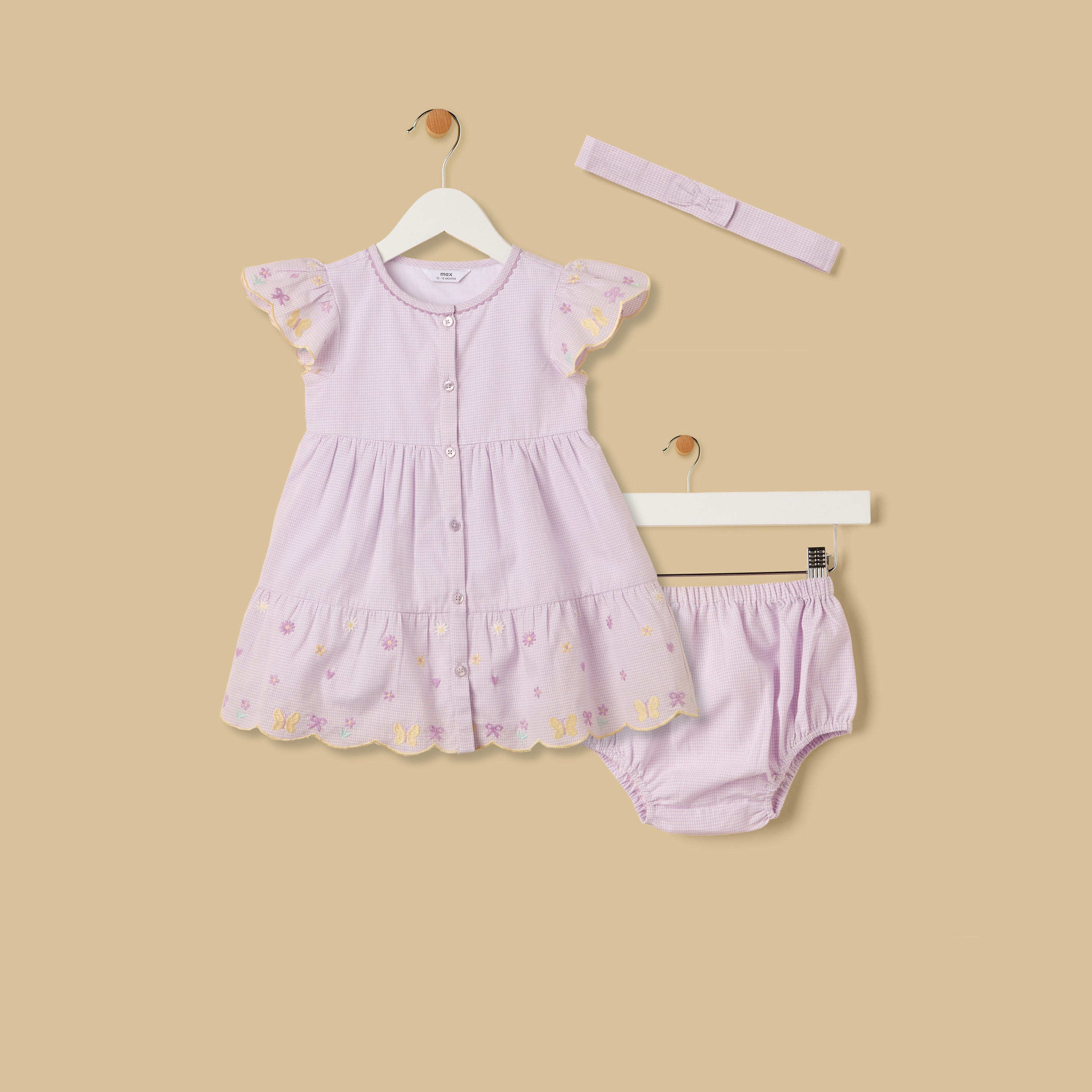 Gingham Check Cotton Dress with Bloomers and Headband