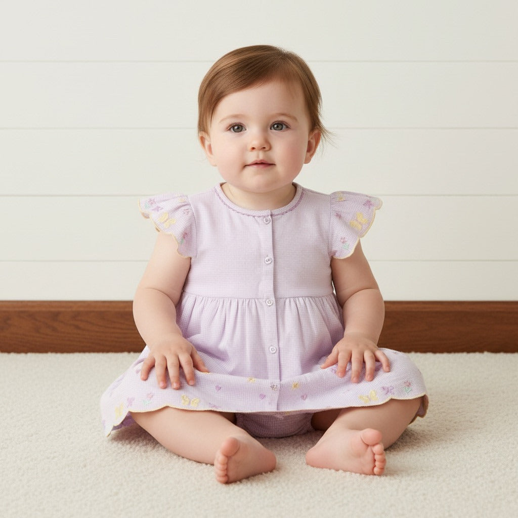 Gingham Check Cotton Dress with Bloomers and Headband - Purple / 12-18 mths