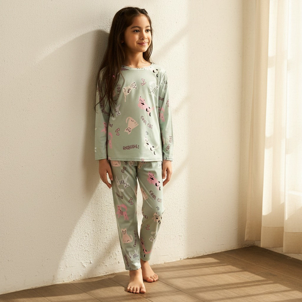Cat Print Cotton Pyjama Set - Green / 6-7 yrs