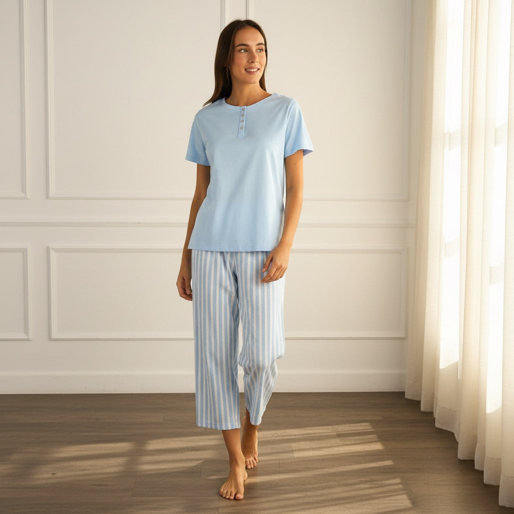 Striped Cotton Pyjama Set - Blue / XXL