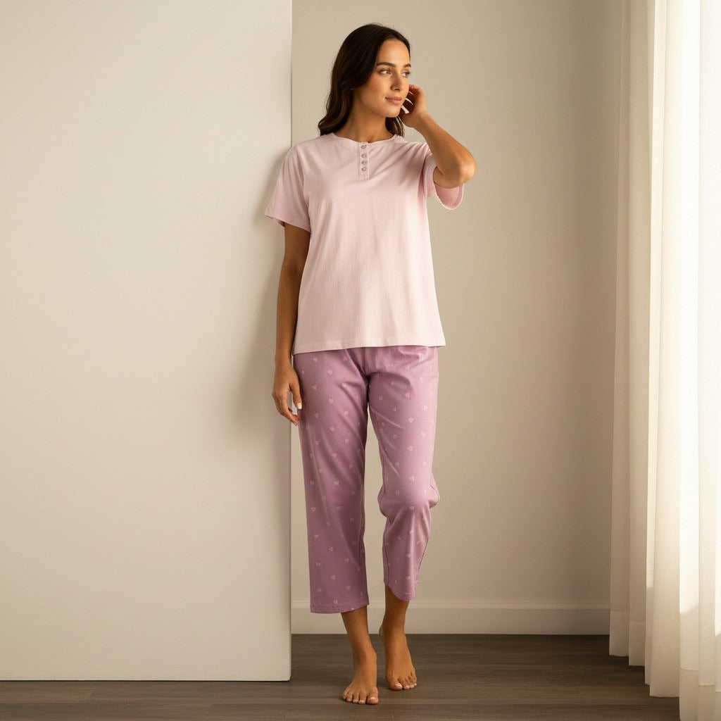 Heart Print Cotton Pyjama Set - Purple / XXL