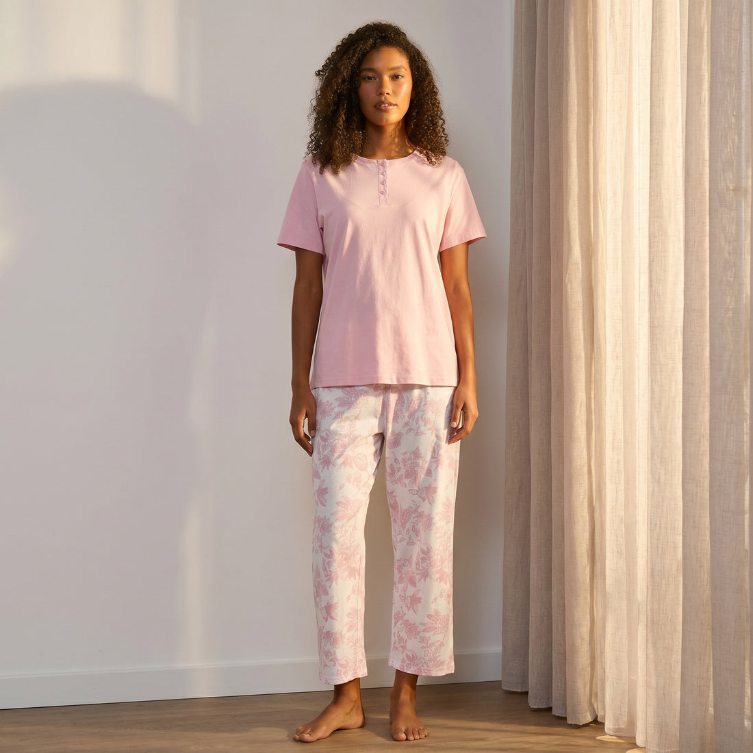 Floral Print Cotton Pyjama Set - Pink / XXL