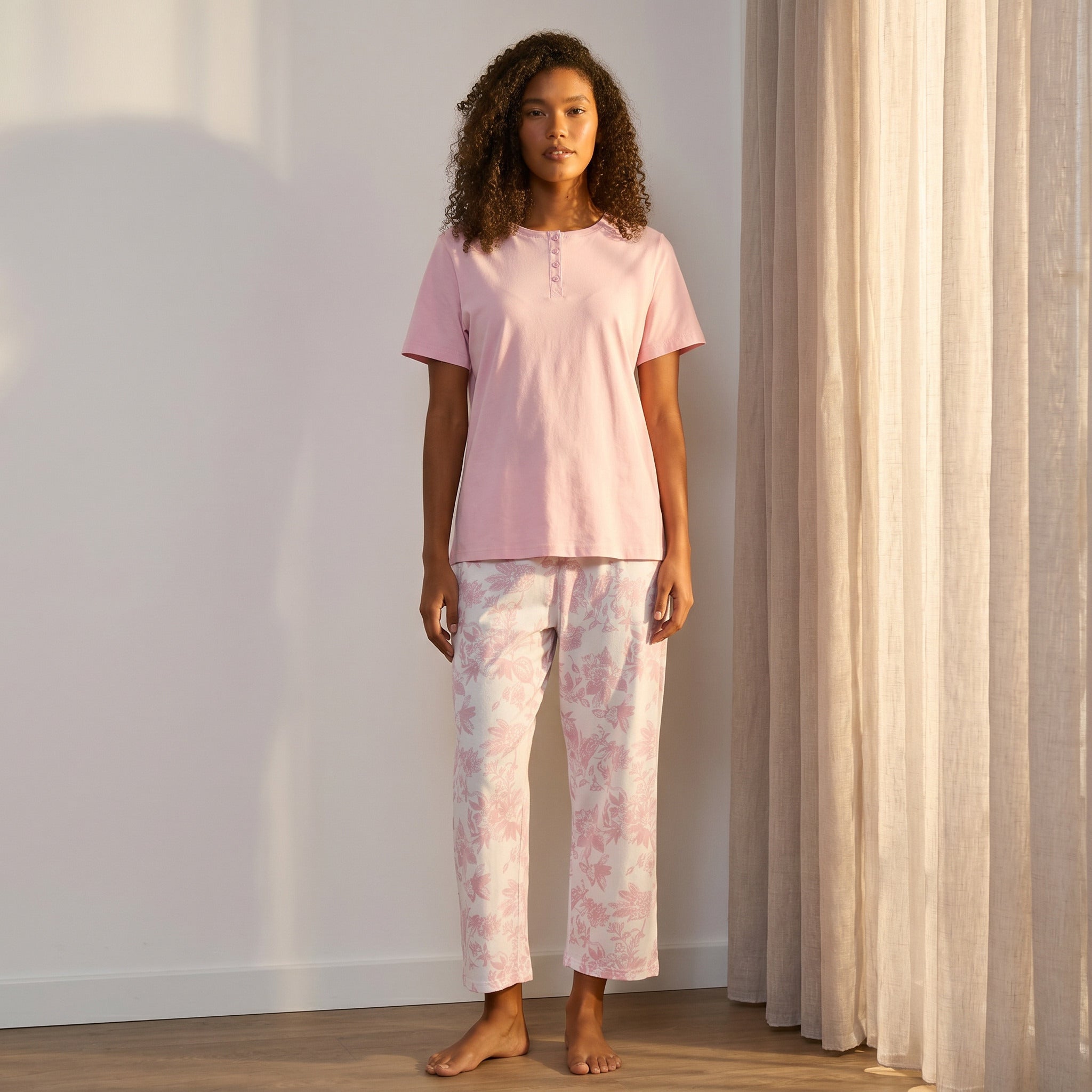 Floral Print Cotton Pyjama Set - Pink / XXL