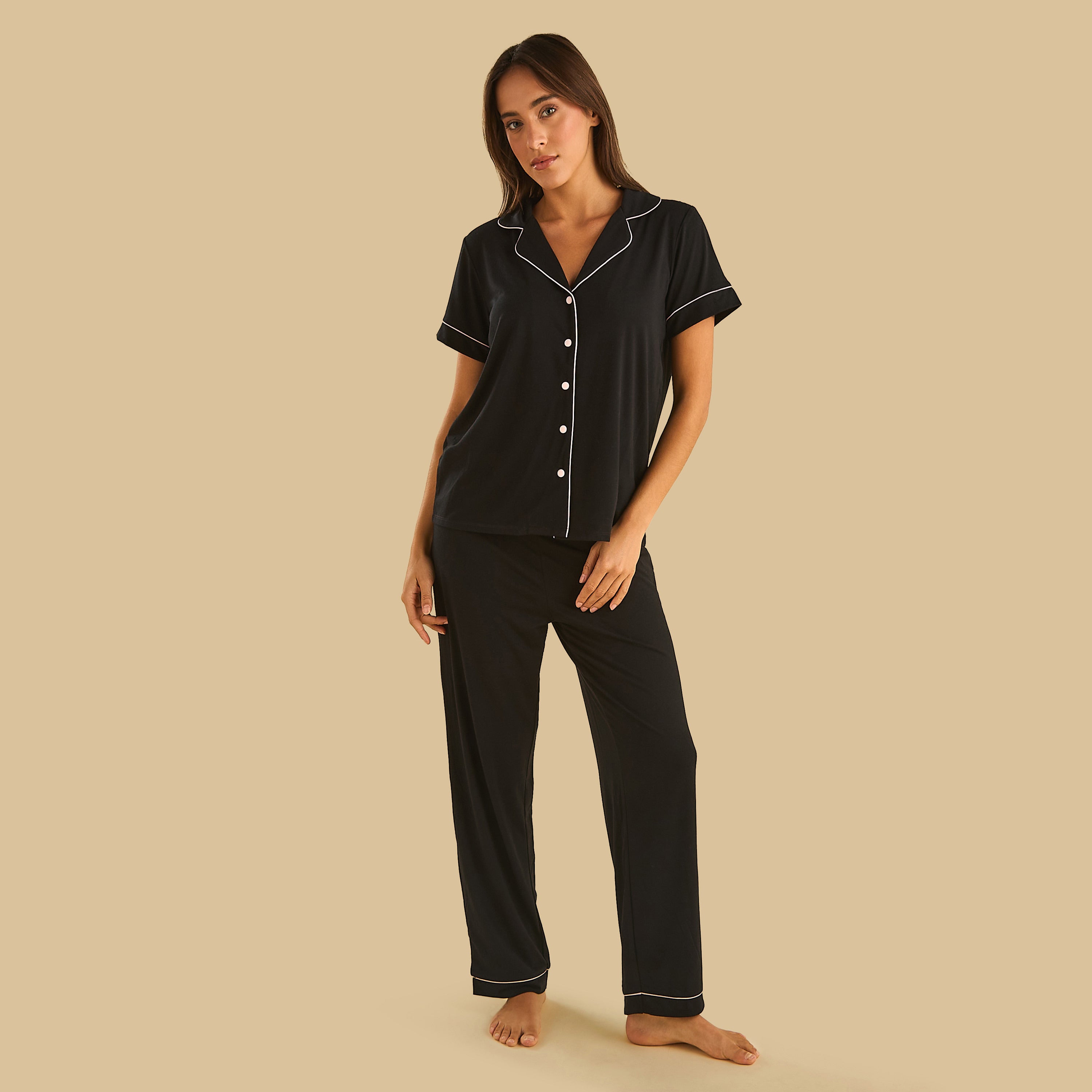 Contrast Piping Pyjama Set