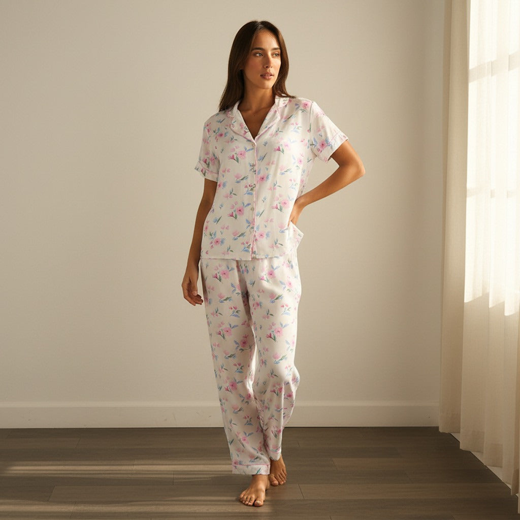 Floral Print Viscose Pyjama Set - White / XXL