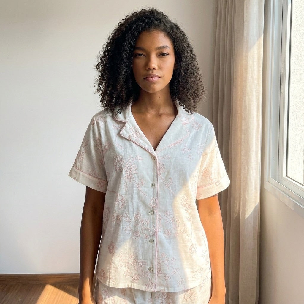 Floral Embroidered Cotton Pyjama Set