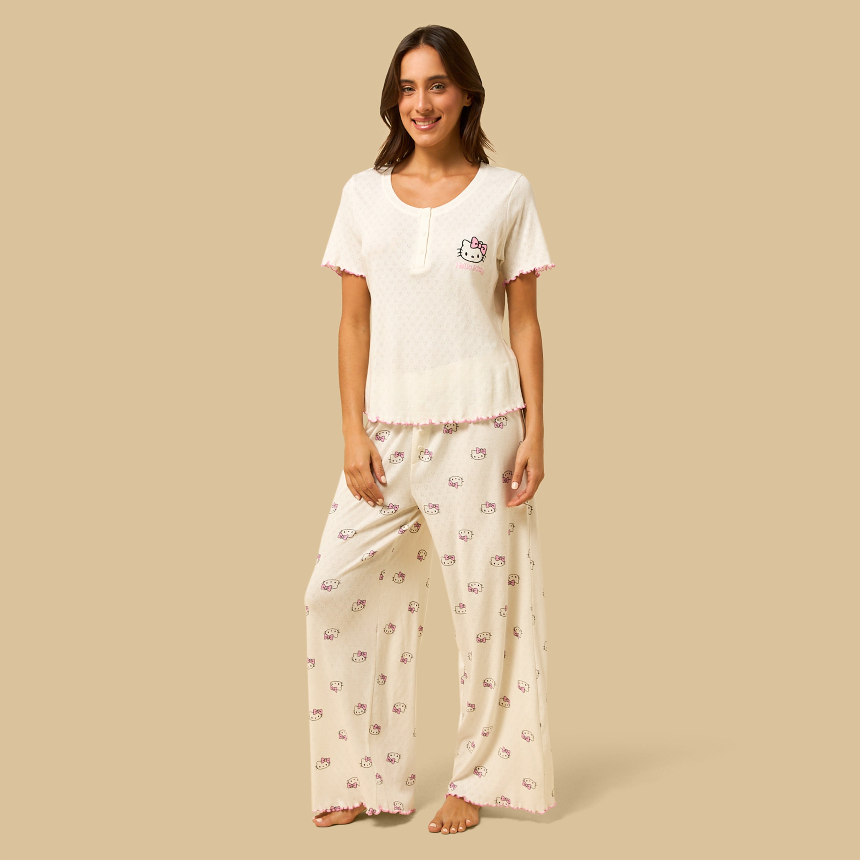 Hello Kitty Print Cotton Pyjama Set - Cream / XXL