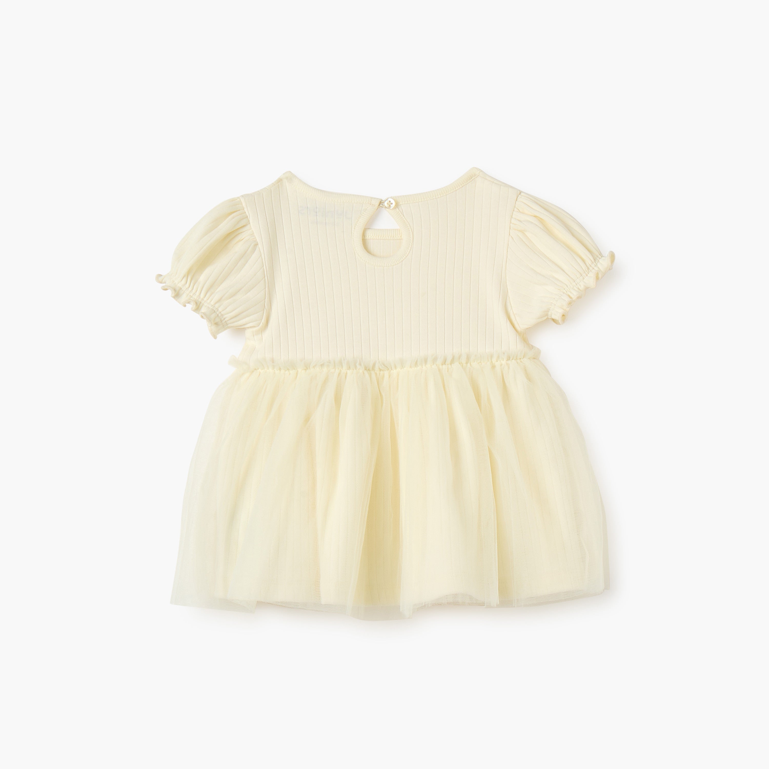 Juniors Ribbed A-line Dress with Round Neck and Tulle Skirt Detail