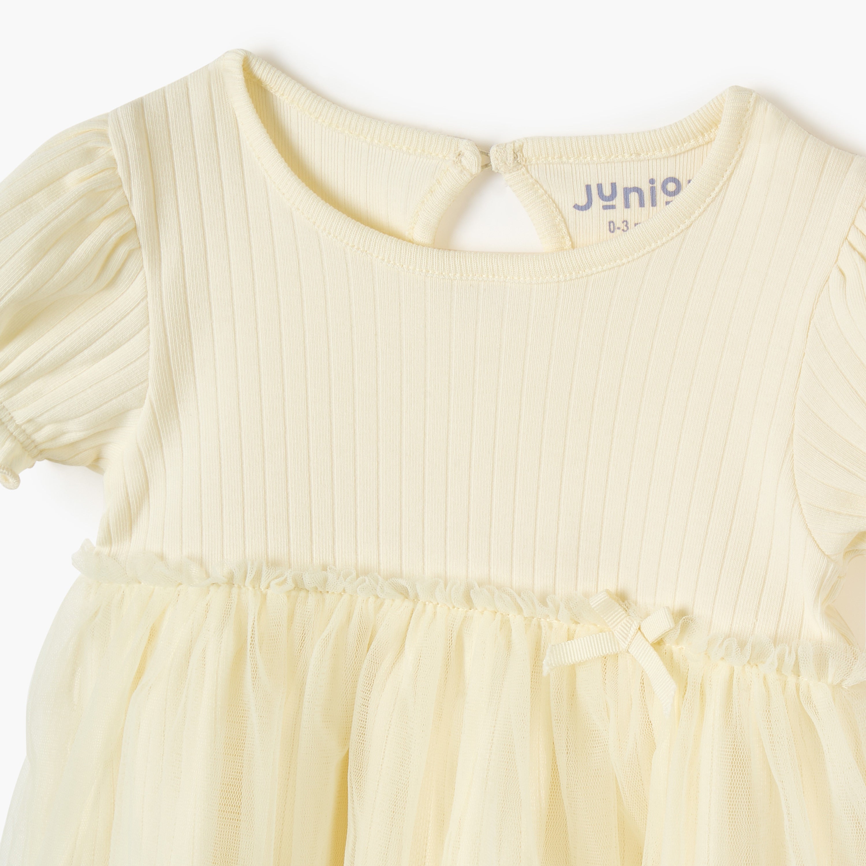 Juniors Ribbed A-line Dress with Round Neck and Tulle Skirt Detail