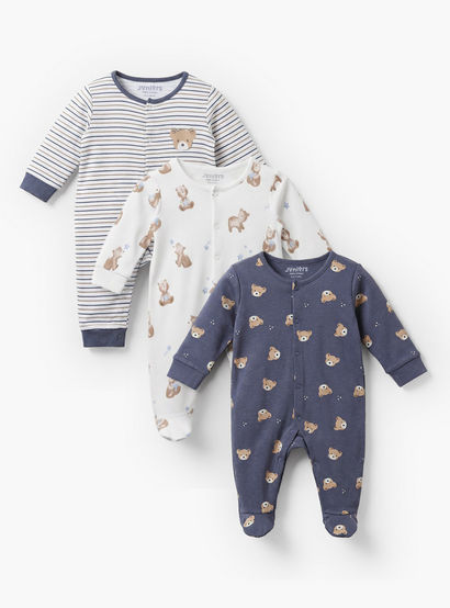 Pack of 3 Juniors Cotton Crew Neck Long Sleeves Sleepsuit with Bear Print-baby-boys-clothing-nightwear-sleepsuits-image-1