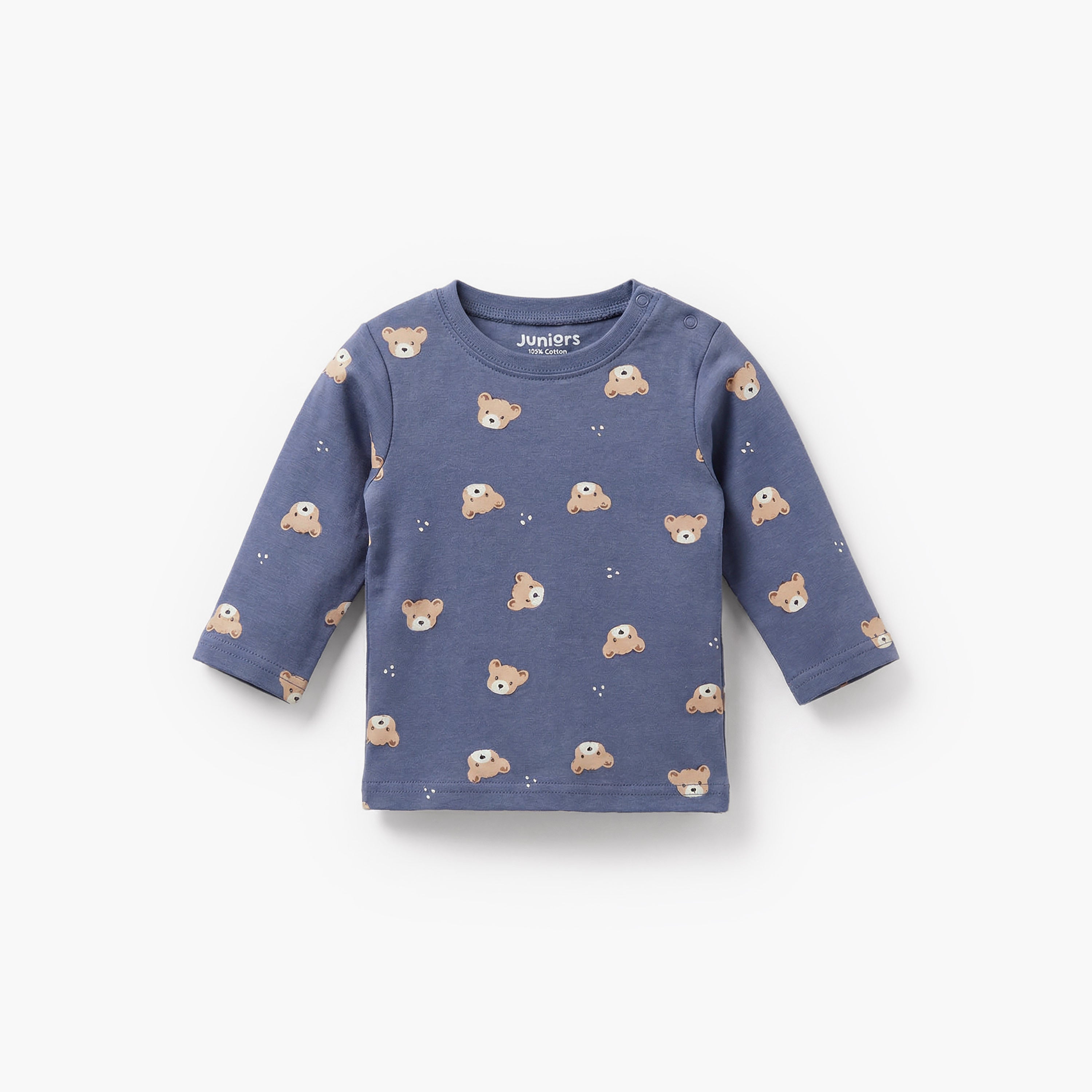 Pack of 3 Juniors Cotton Crew Neck Long Sleeves Pyjama Set with Bear Print