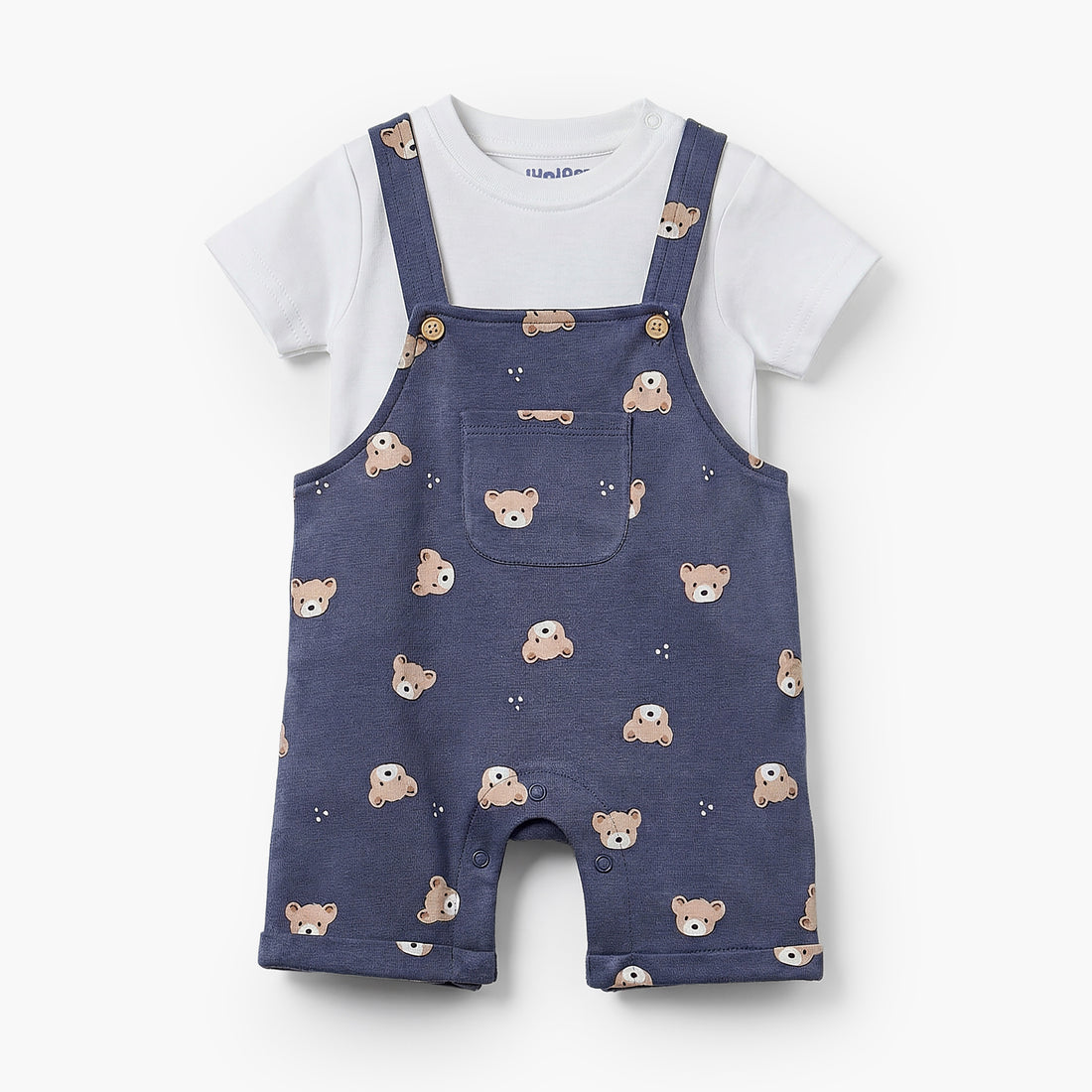 Juniors Round Neck Short Sleeves T-shirt and Dungaree Set with Bear Print - Blue / 12-18 mths
