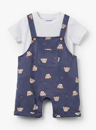 Juniors Round Neck Short Sleeves T-shirt and Dungaree Set with Bear Print-baby-boys-clothing-setsandcoords-image-1