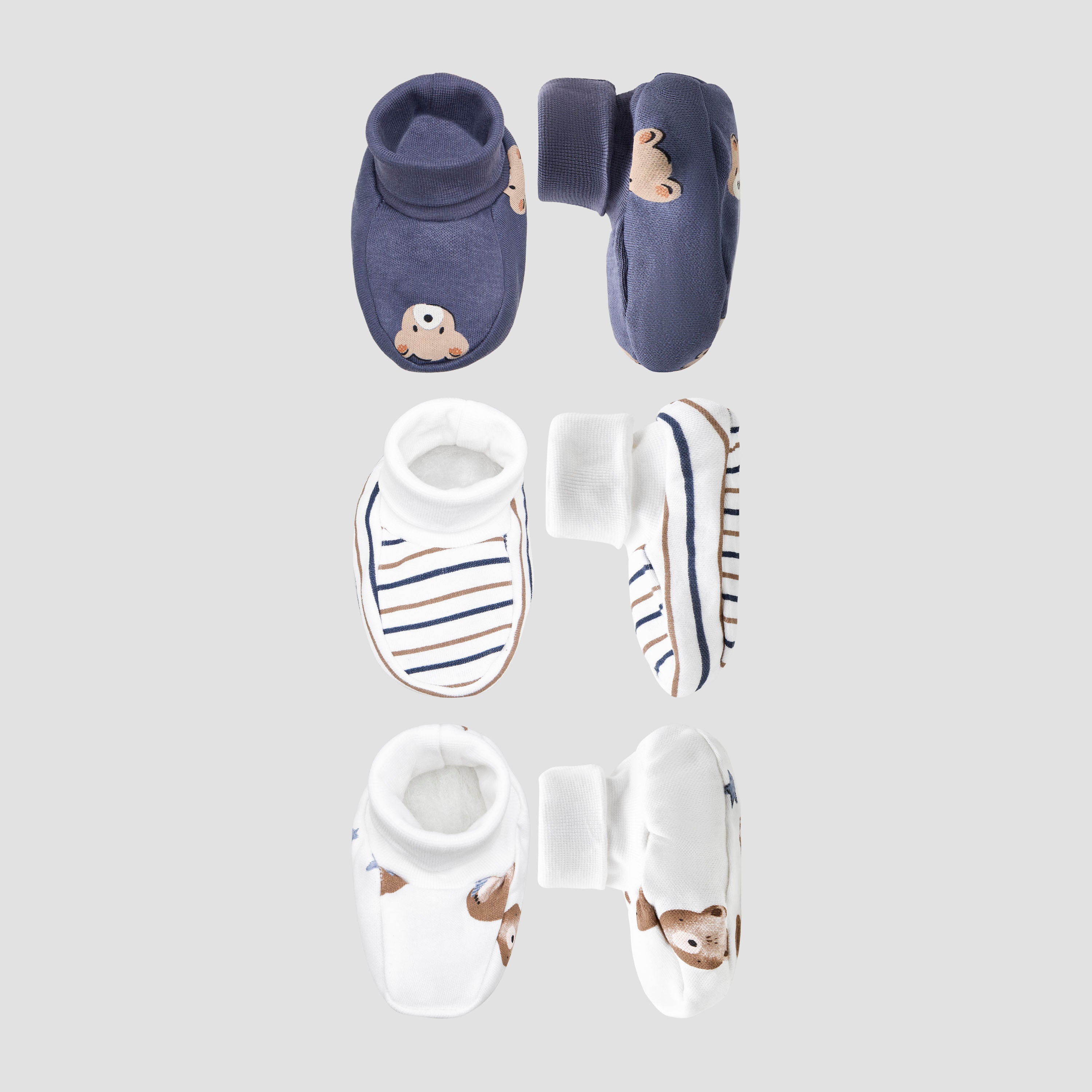 Pack of 3 Juniors Booties with Cuff, Printed - Blue / 0-6 mths