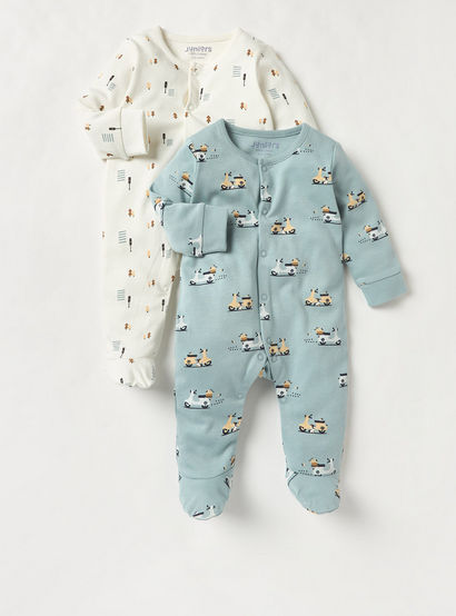 Juniors Printed Sleepsuit with Long Sleeves and Button Closure - Set of 2-baby-boys-clothing-nightwear-sleepsuits-image-1