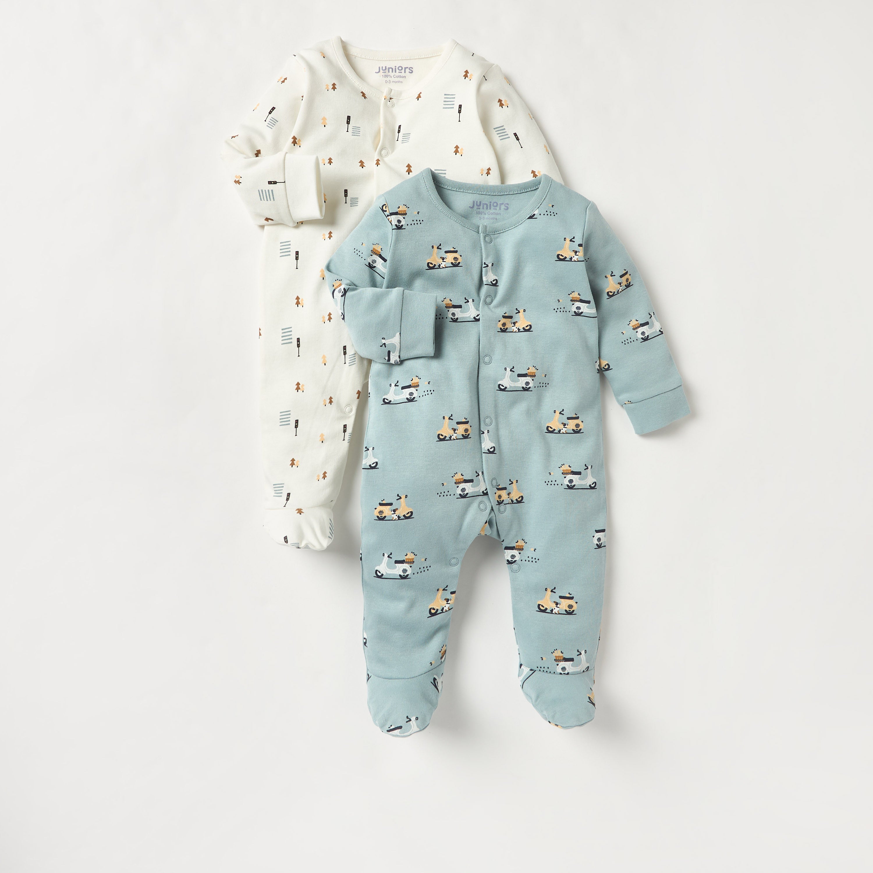 Juniors Printed Sleepsuit with Long Sleeves and Button Closure - Set of 2 - Multicolour / 9-12 mths