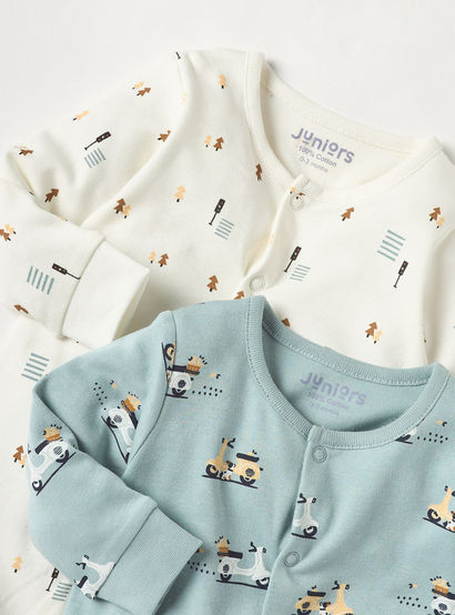 Juniors Printed Sleepsuit with Long Sleeves and Button Closure - Set of 2-baby-boys-clothing-nightwear-sleepsuits-image-4