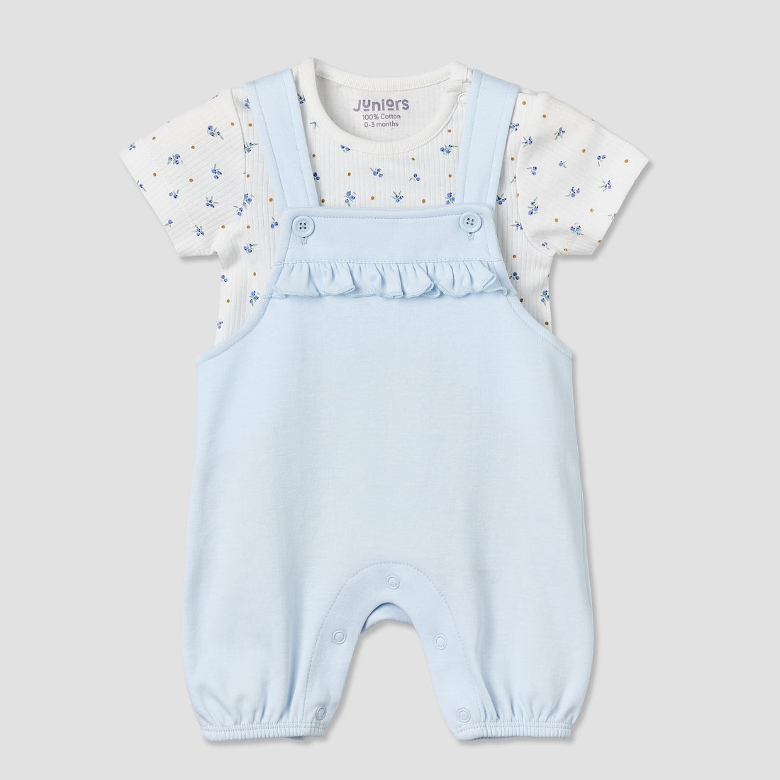 Juniors Round Neck Short Sleeve T-shirt and Dungaree Set with Blueberry Print - Blue / 12-18 mths
