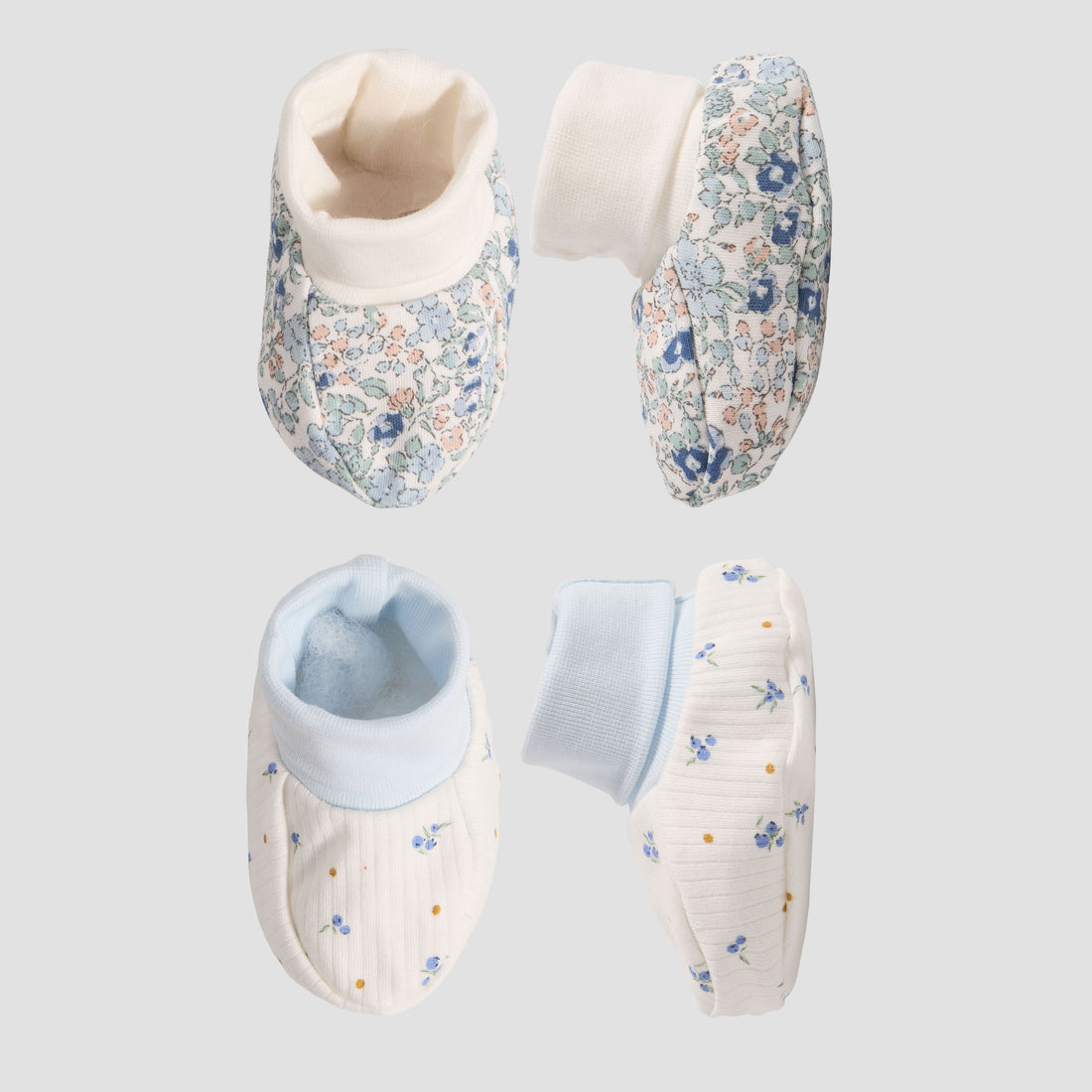 Pack of 2 Juniors Booties with Cuffed Hem, Floral Print - Blue / 0-6 mths